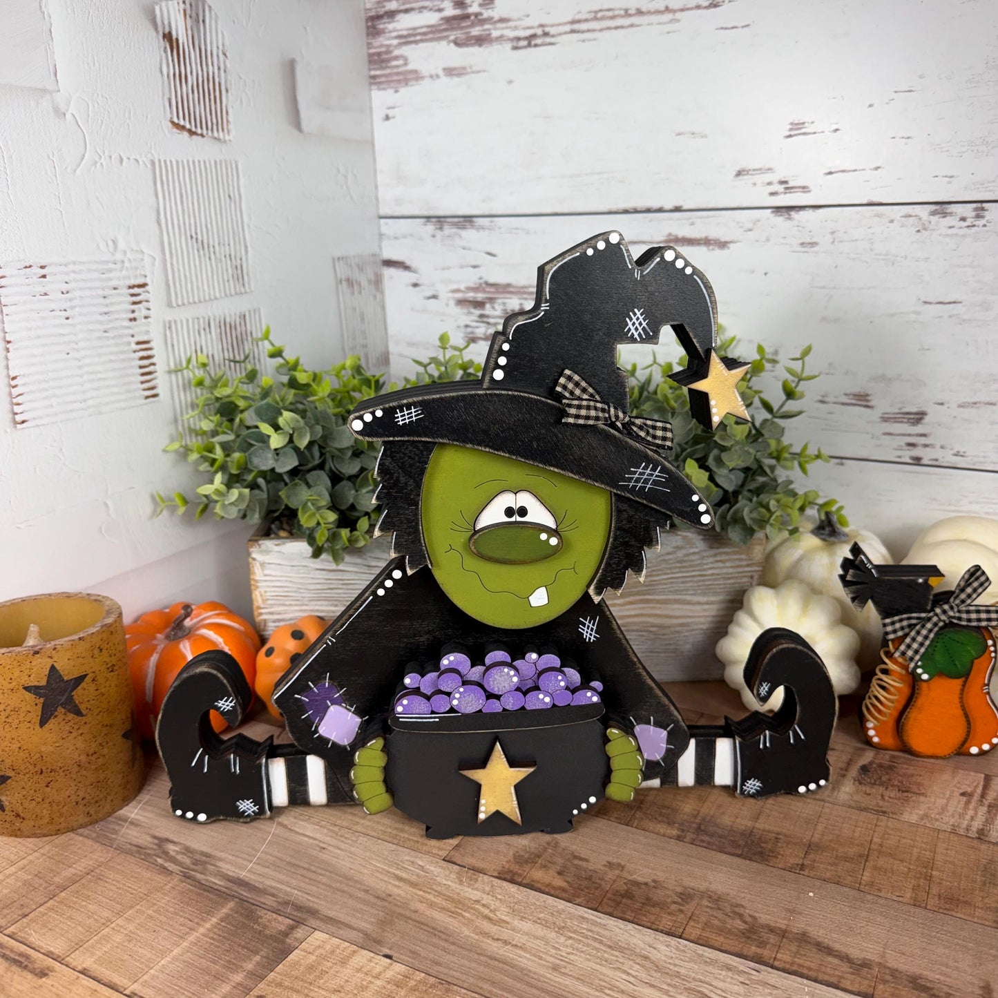 Rustic Hand-Painted Wooden Witch with Cauldron  Large Adorable Fall & Halloween Decor
