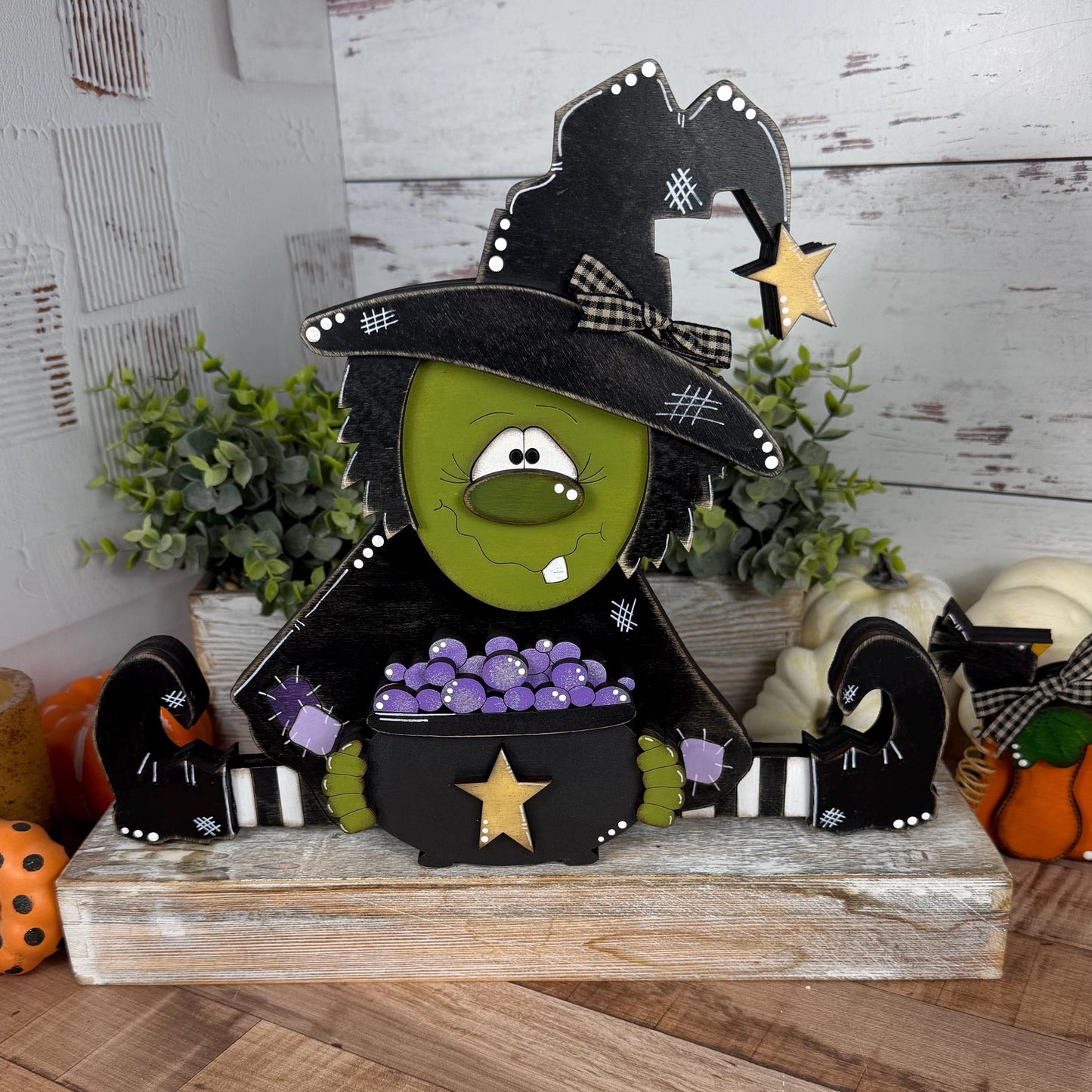 Rustic Hand-Painted Wooden Witch with Cauldron  Large Adorable Fall & Halloween Decor