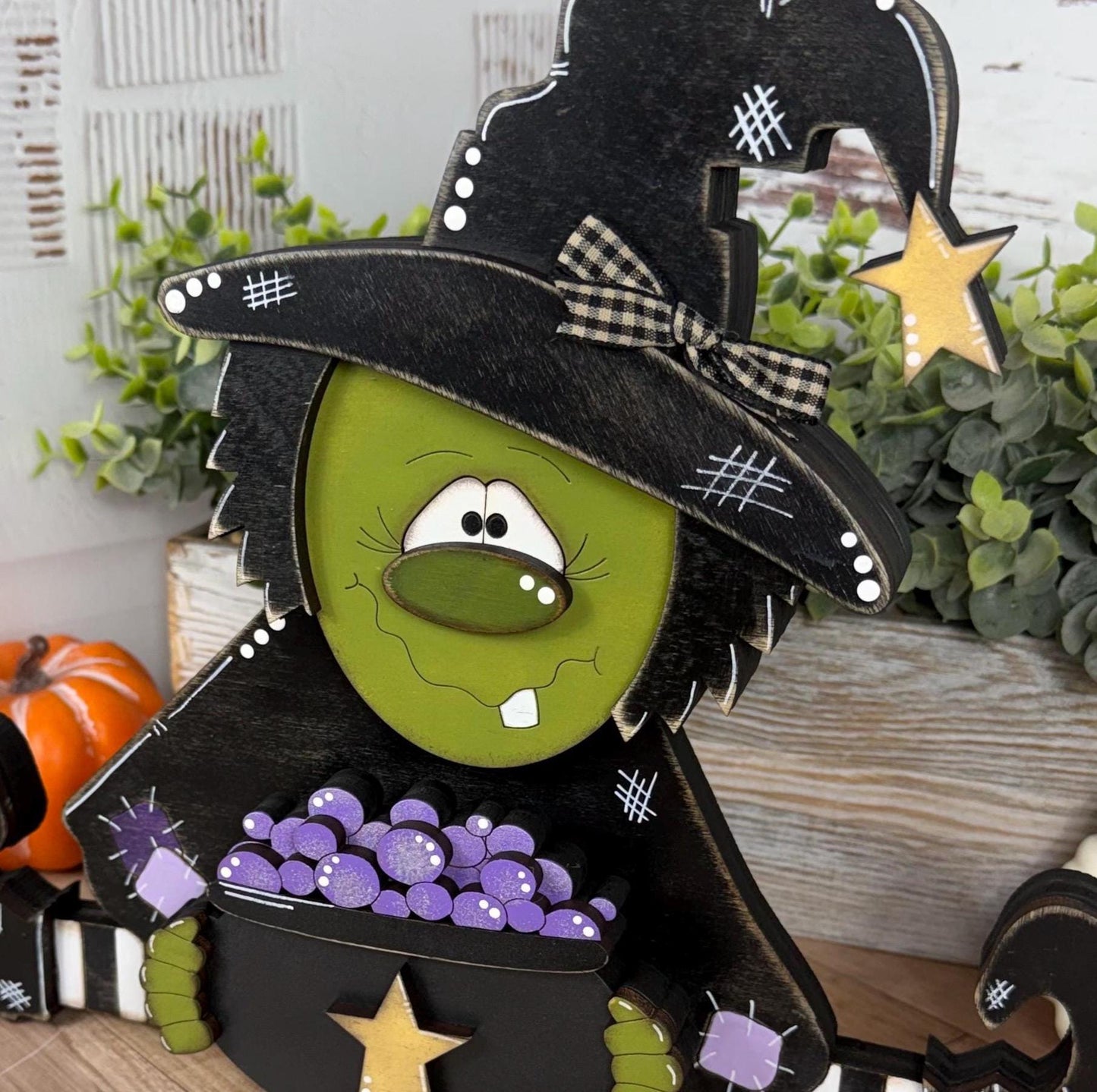 Rustic Hand-Painted Wooden Witch with Cauldron  Large Adorable Fall & Halloween Decor