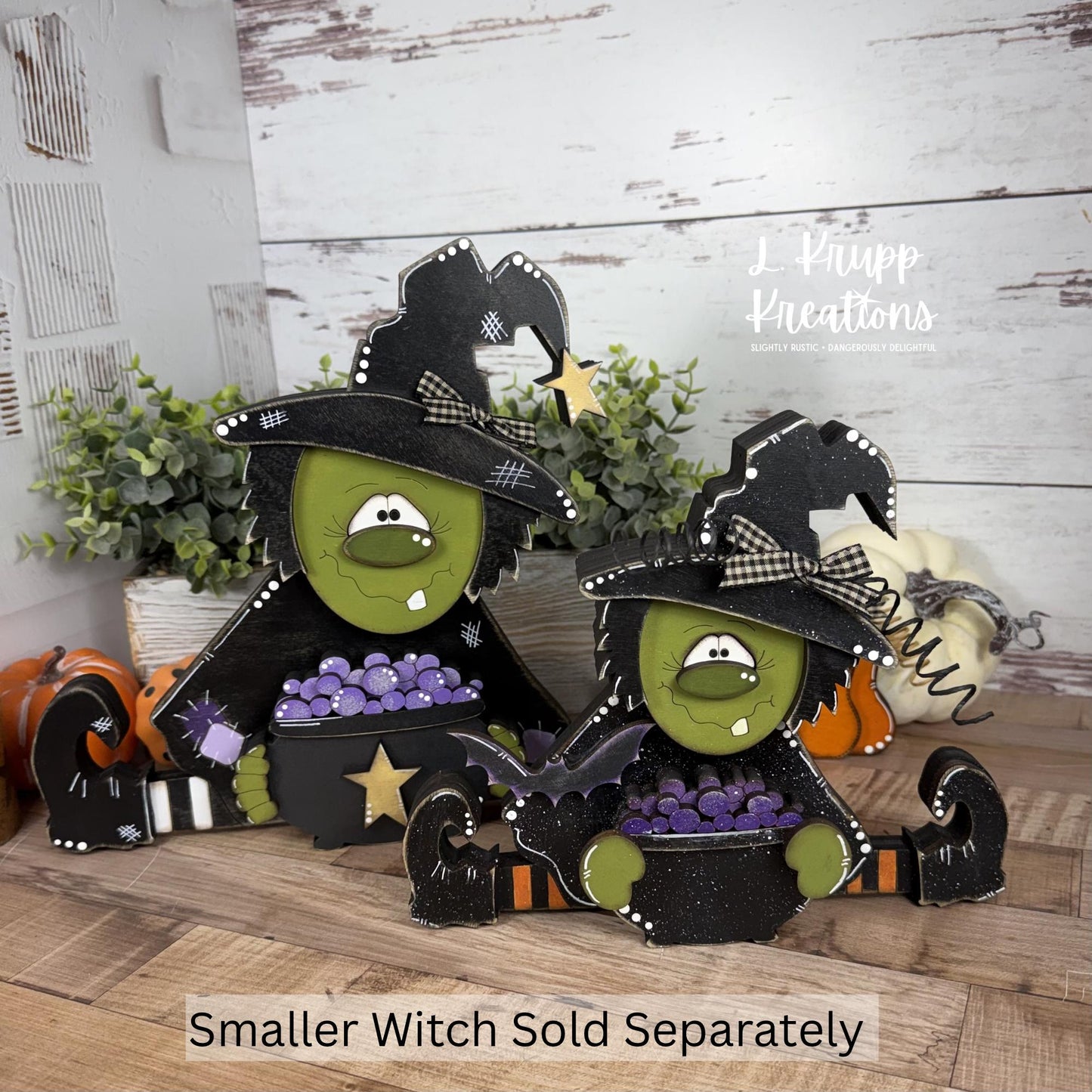 Rustic Hand-Painted Wooden Witch with Cauldron  Large Adorable Fall & Halloween Decor