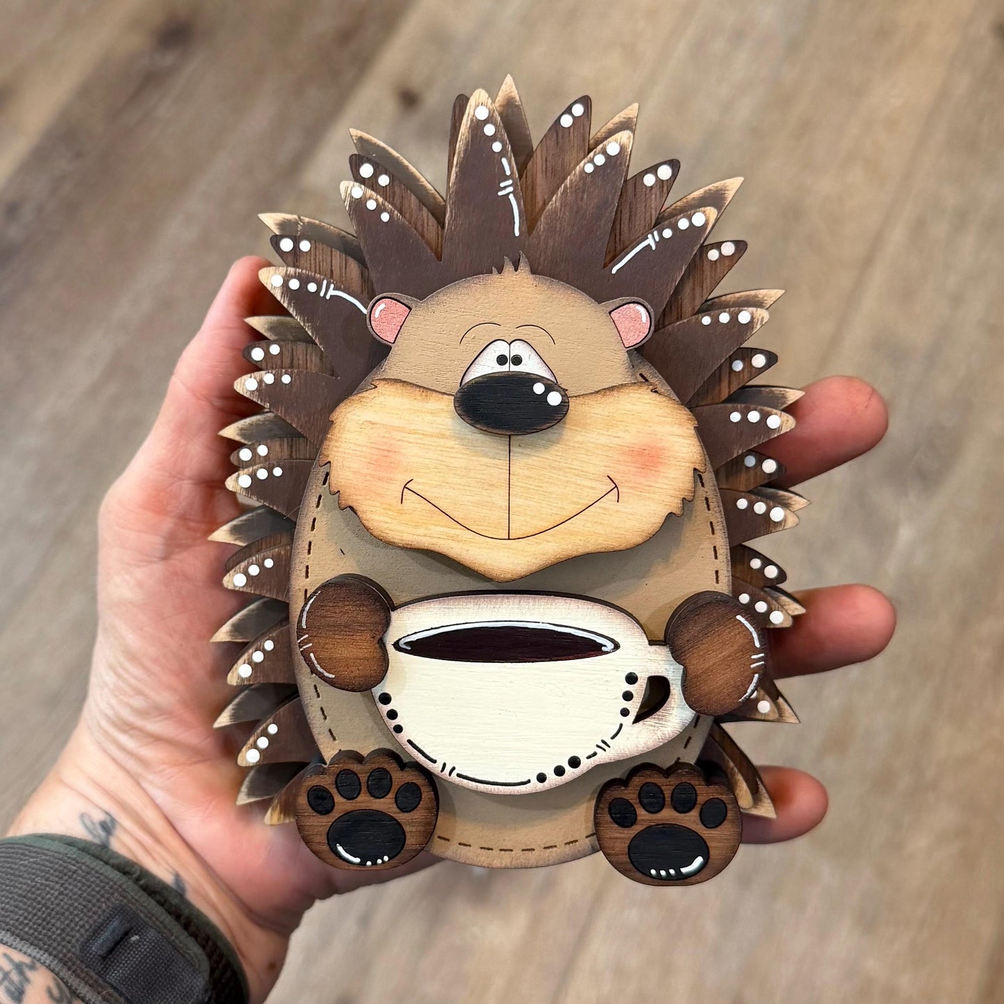 Interchangeable Porcupine with Coffee Mug, Handmade Woodland Animal