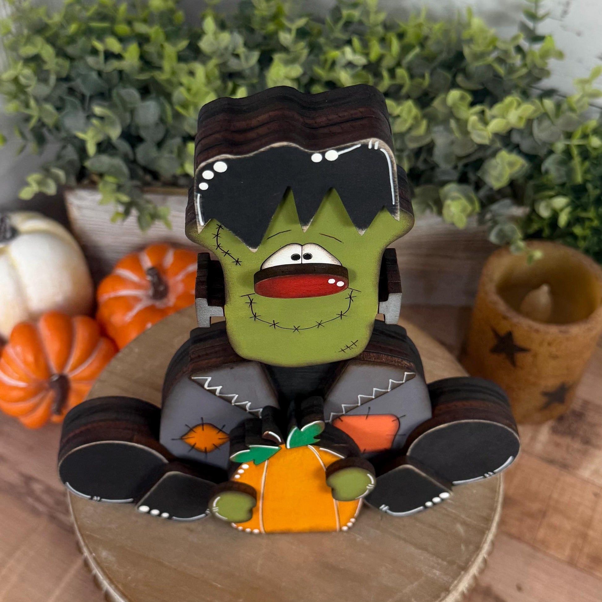 Frankenstein Wooden Shelf Sitter – Rustic Farmhouse Halloween Decor, Chunky Wood Accent