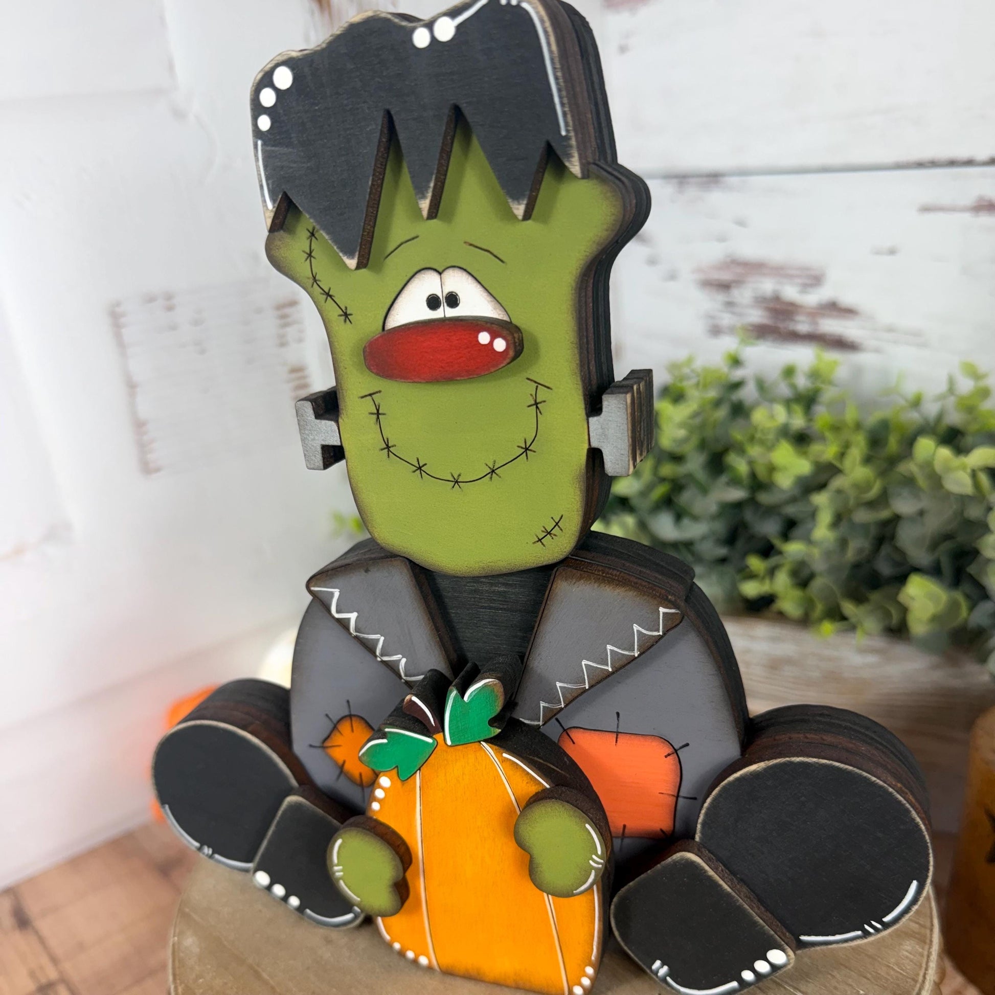 Frankenstein Wooden Shelf Sitter – Rustic Farmhouse Halloween Decor, Chunky Wood Accent