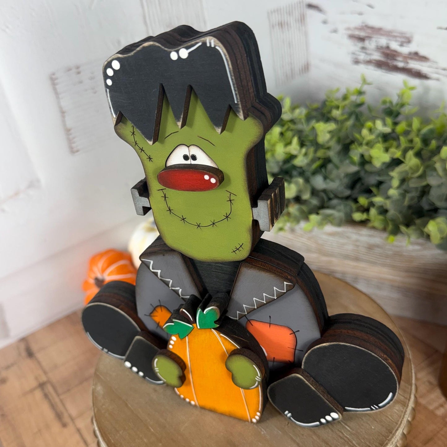 Frankenstein Wooden Shelf Sitter – Rustic Farmhouse Halloween Decor, Chunky Wood Accent