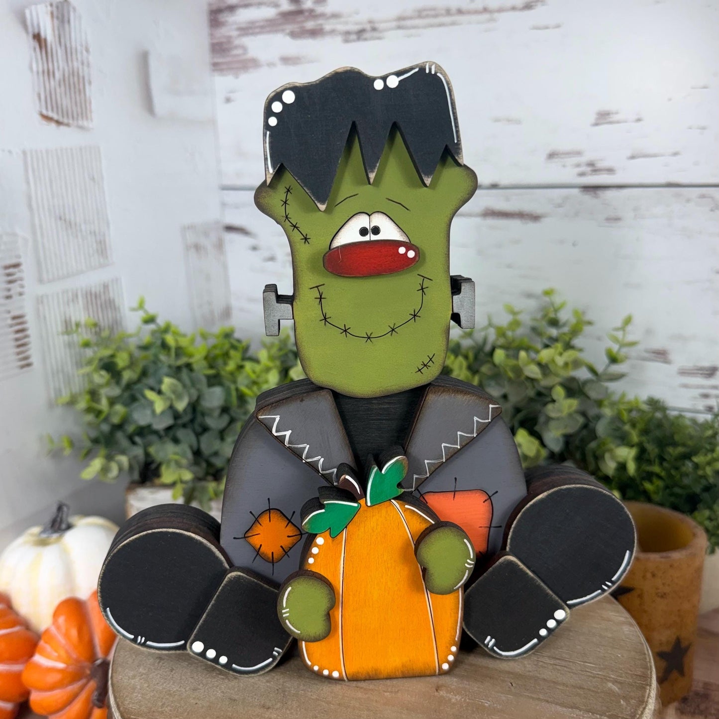 Frankenstein Wooden Shelf Sitter – Rustic Farmhouse Halloween Decor, Chunky Wood Accent