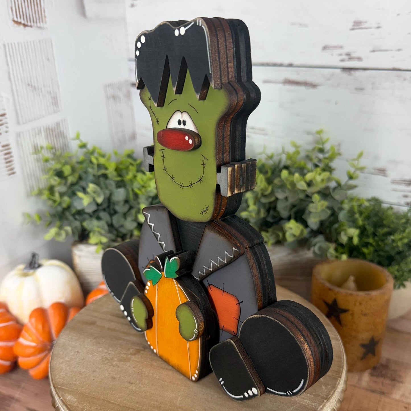 Frankenstein Wooden Shelf Sitter – Rustic Farmhouse Halloween Decor, Chunky Wood Accent