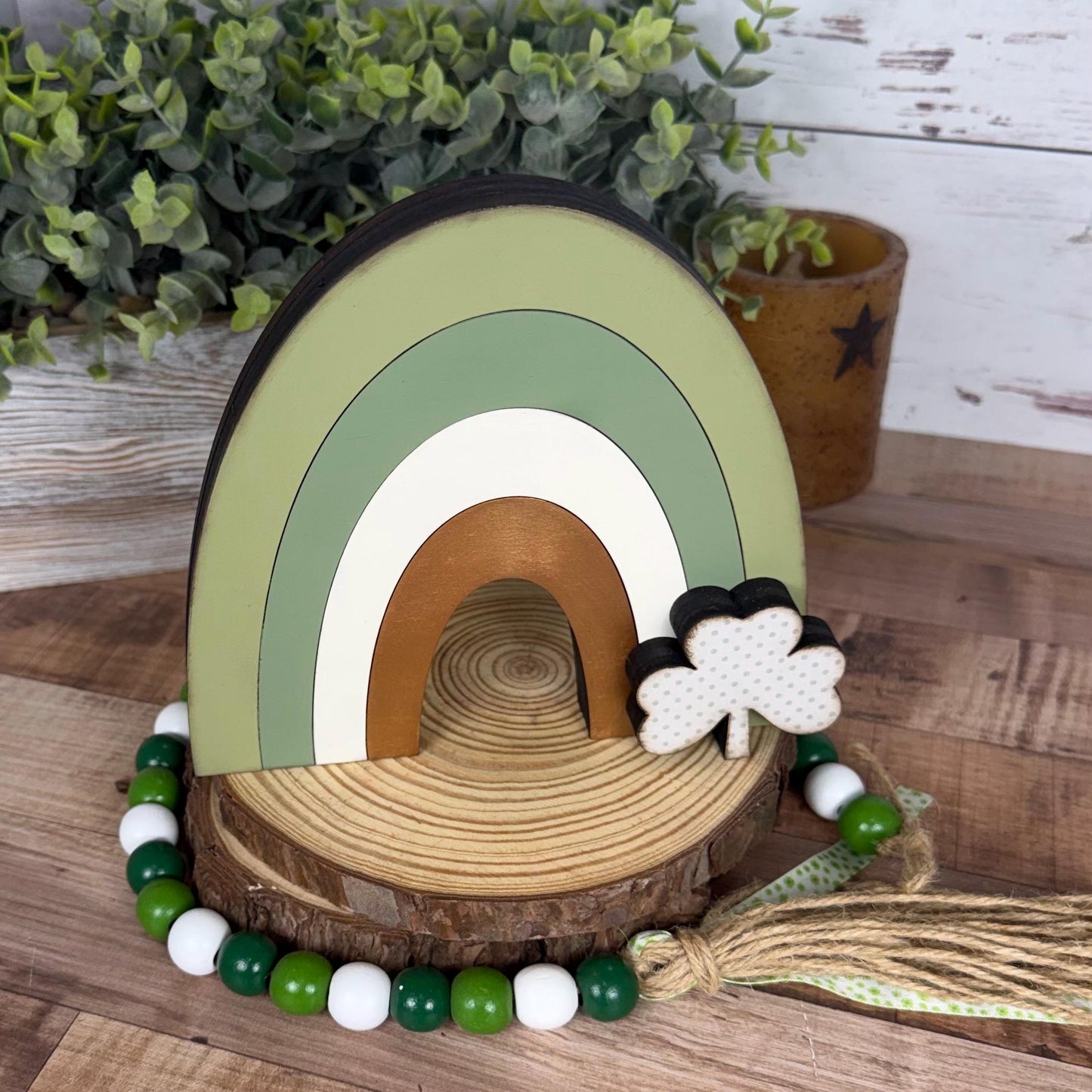 Handmade Wooden Shamrocks and Rainbow for Farmhouse St. Patricks Day Decor