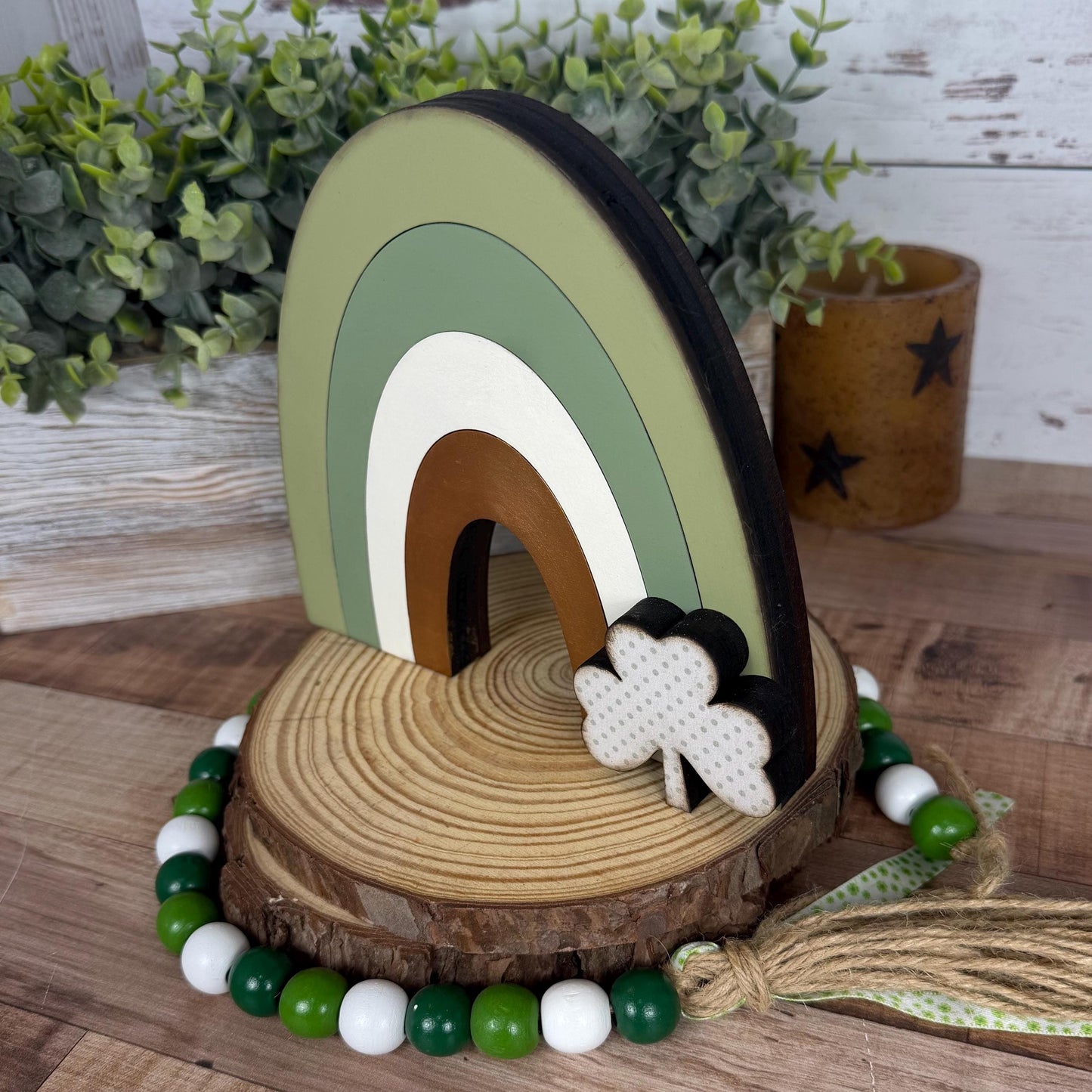 Handmade Wooden Shamrocks and Rainbow for Farmhouse St. Patricks Day Decor