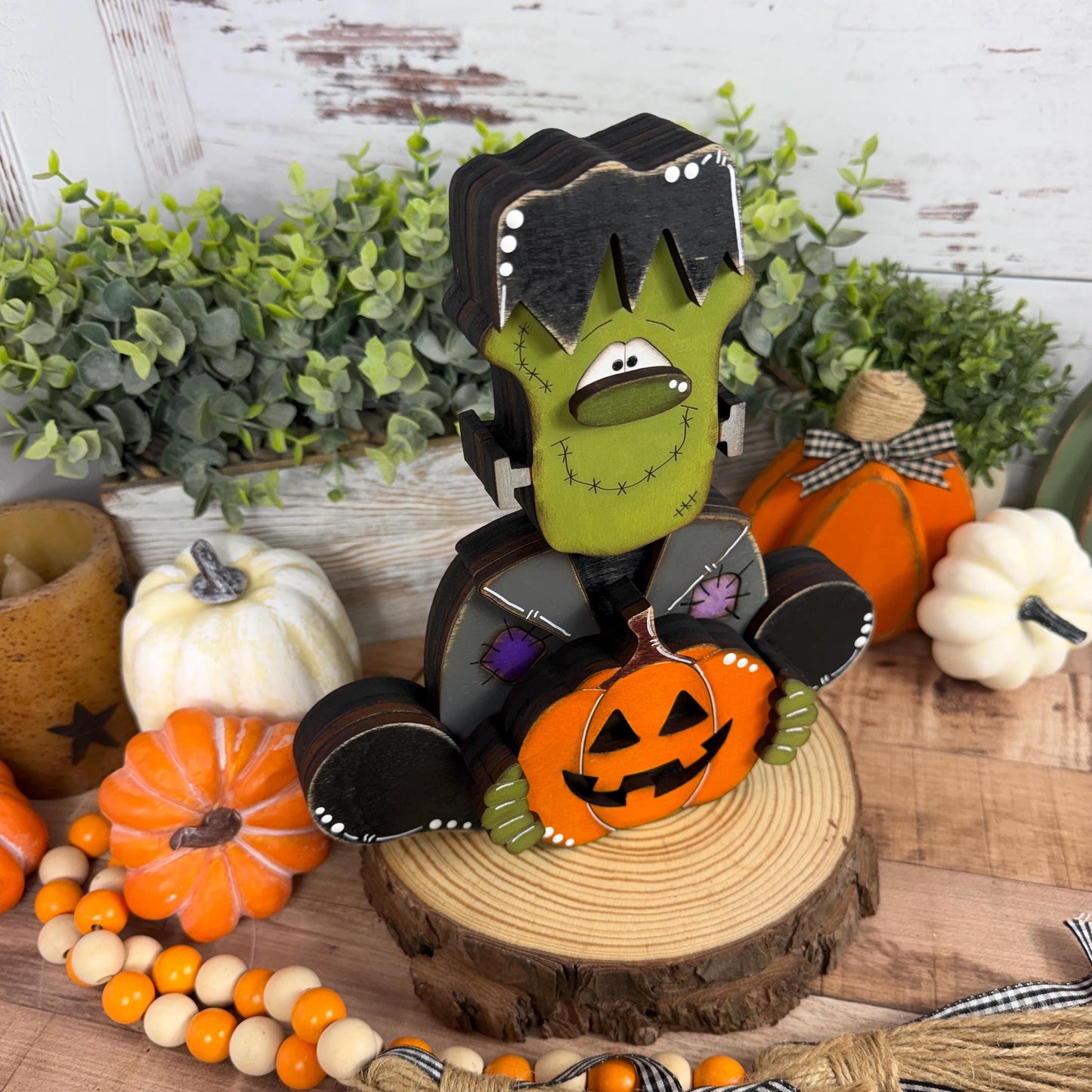 Frankenstein Holding a Jack-o-Lantern Wooden Shelf Sitter  Rustic Farmhouse Halloween Decor, Chunky Wood Accent