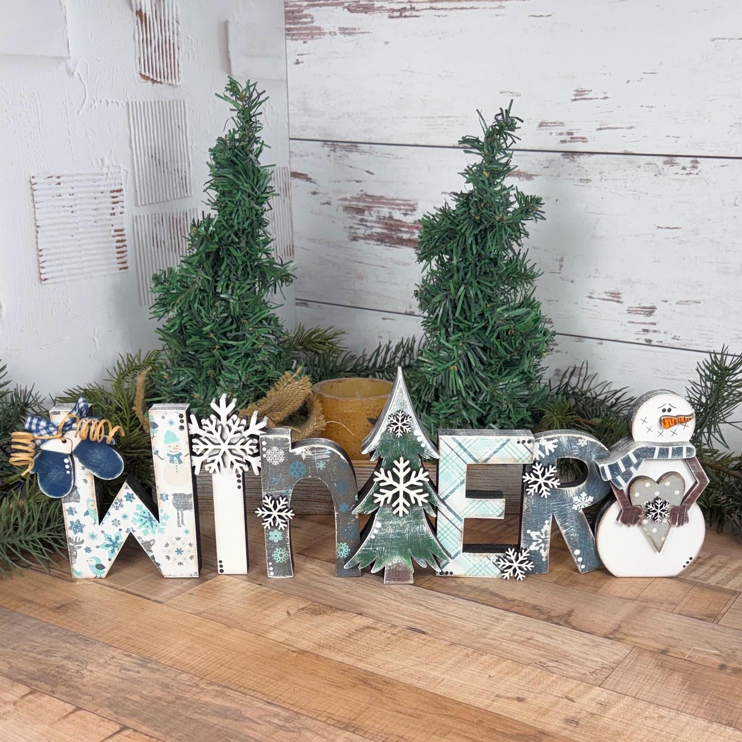Wooden Winter Shelf Sitter with Snowman, Farmhouse Winter Decor for Mantels, Shelves, and Tables
