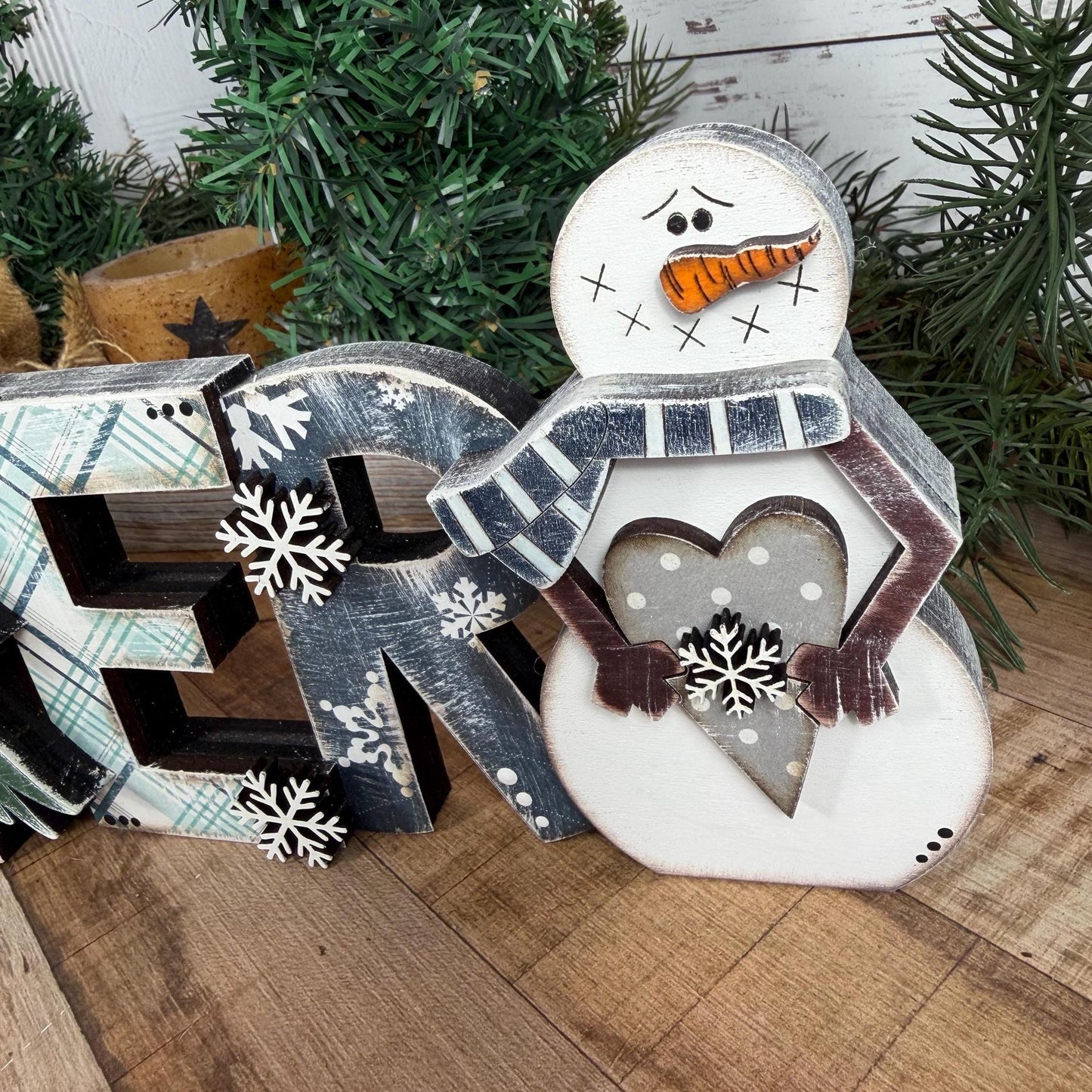 Wooden Winter Shelf Sitter with Snowman, Farmhouse Winter Decor for Mantels, Shelves, and Tables