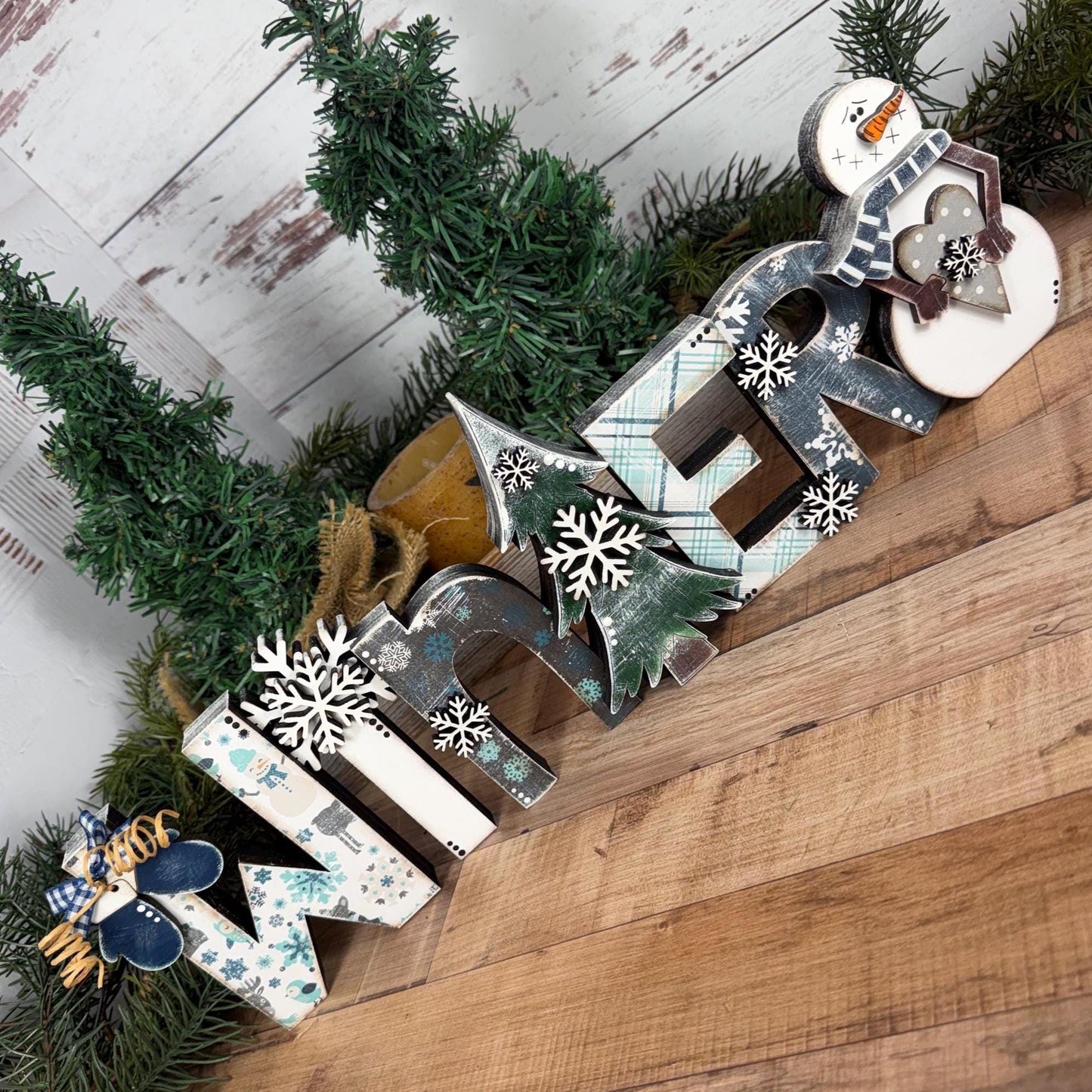 Wooden Winter Shelf Sitter with Snowman, Farmhouse Winter Decor for Mantels, Shelves, and Tables