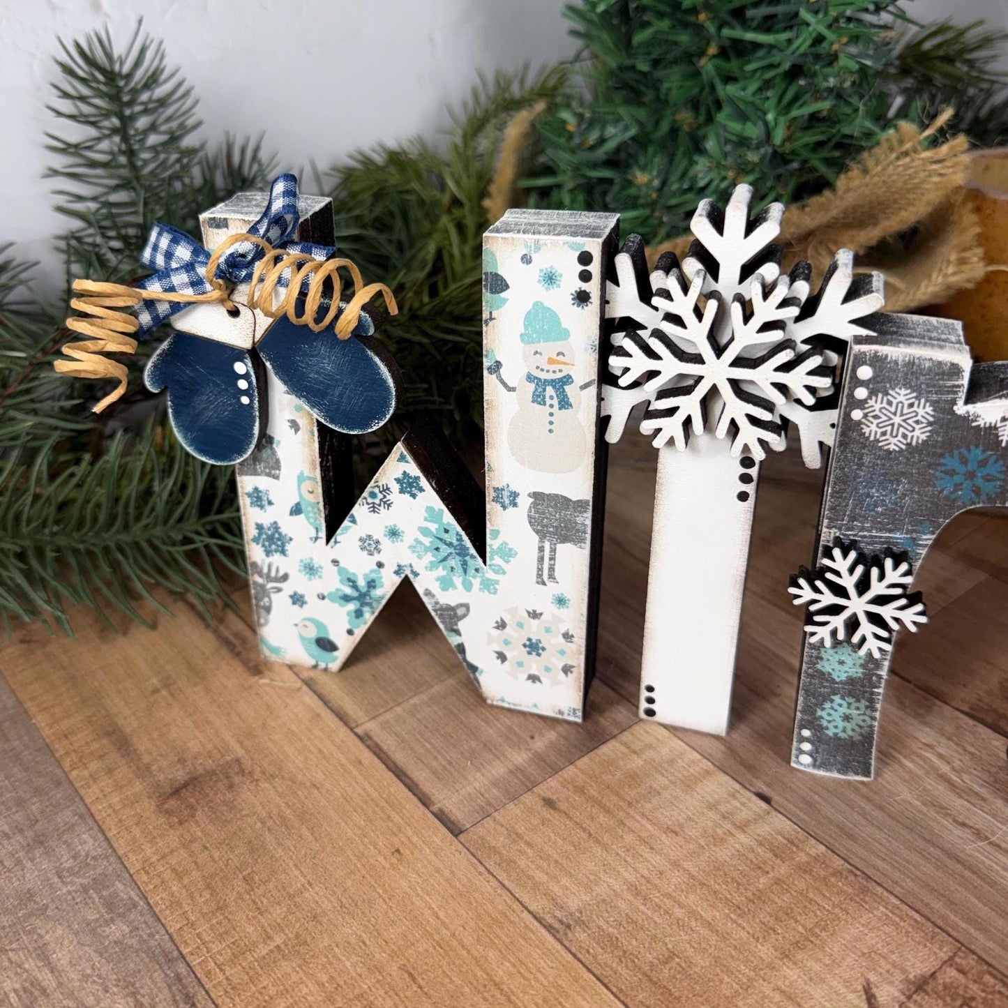 Wooden Winter Shelf Sitter with Snowman, Farmhouse Winter Decor for Mantels, Shelves, and Tables