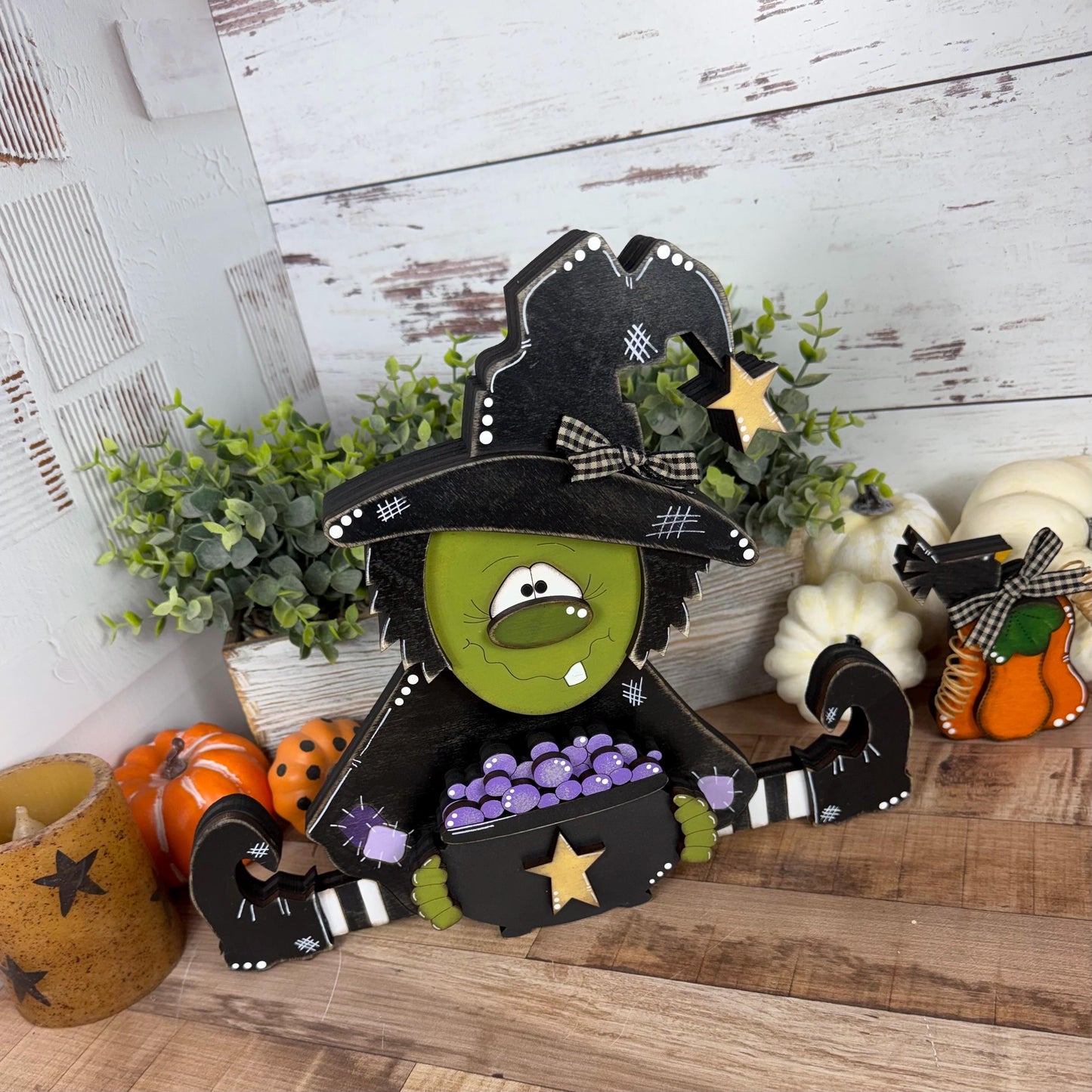 Rustic Hand-Painted Wooden Witch with Cauldron  Large Adorable Fall & Halloween Decor
