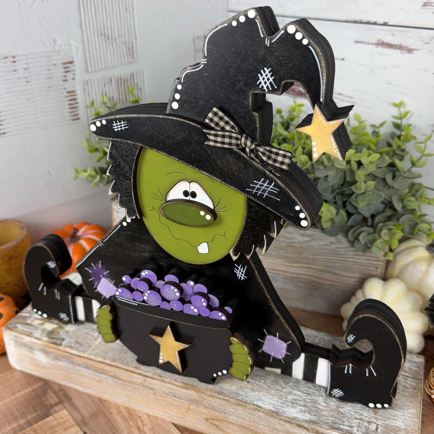 Rustic Hand-Painted Wooden Witch with Cauldron  Large Adorable Fall & Halloween Decor