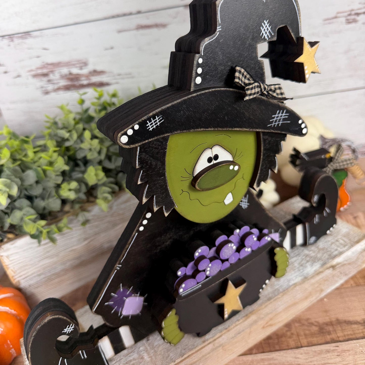 Rustic Hand-Painted Wooden Witch with Cauldron  Large Adorable Fall & Halloween Decor