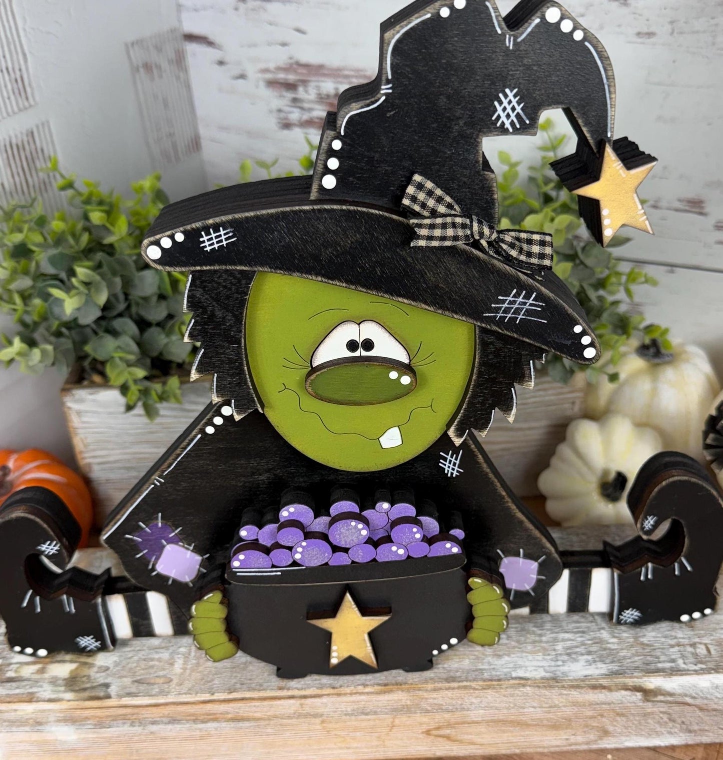 Rustic Hand-Painted Wooden Witch with Cauldron  Large Adorable Fall & Halloween Decor