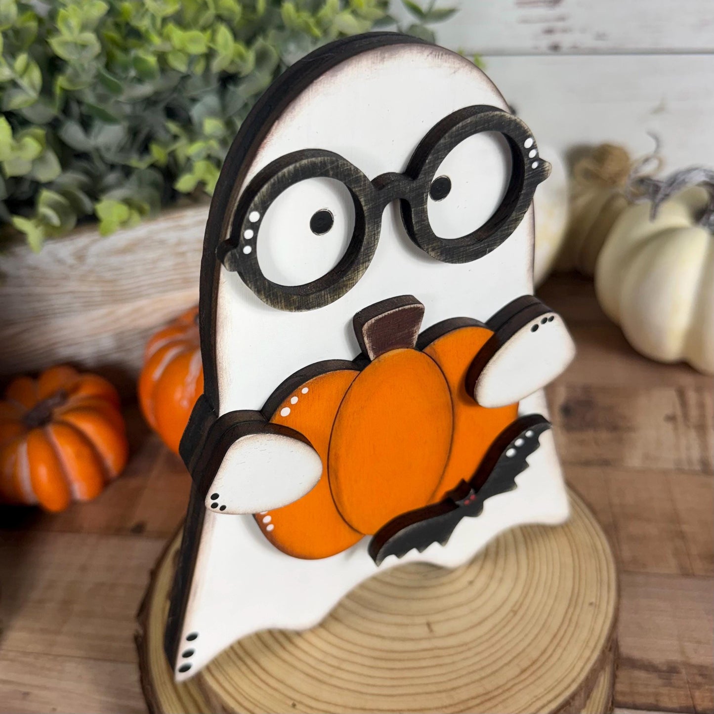 Halloween Shelf Decor Set, Wooden Ghost, Mummy, BOO Leaner & Flying Bat