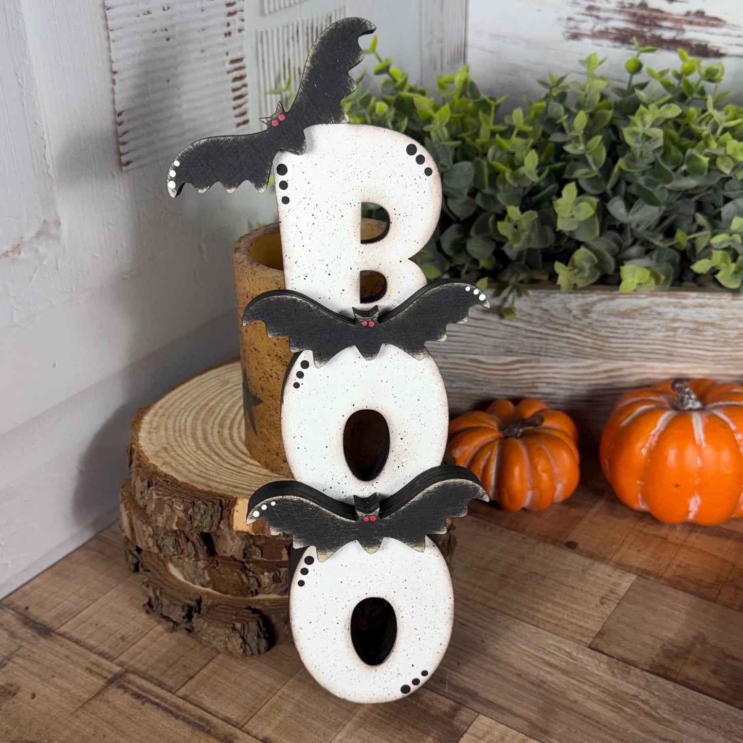 Halloween Shelf Decor Set, Wooden Ghost, Mummy, BOO Leaner & Flying Bat