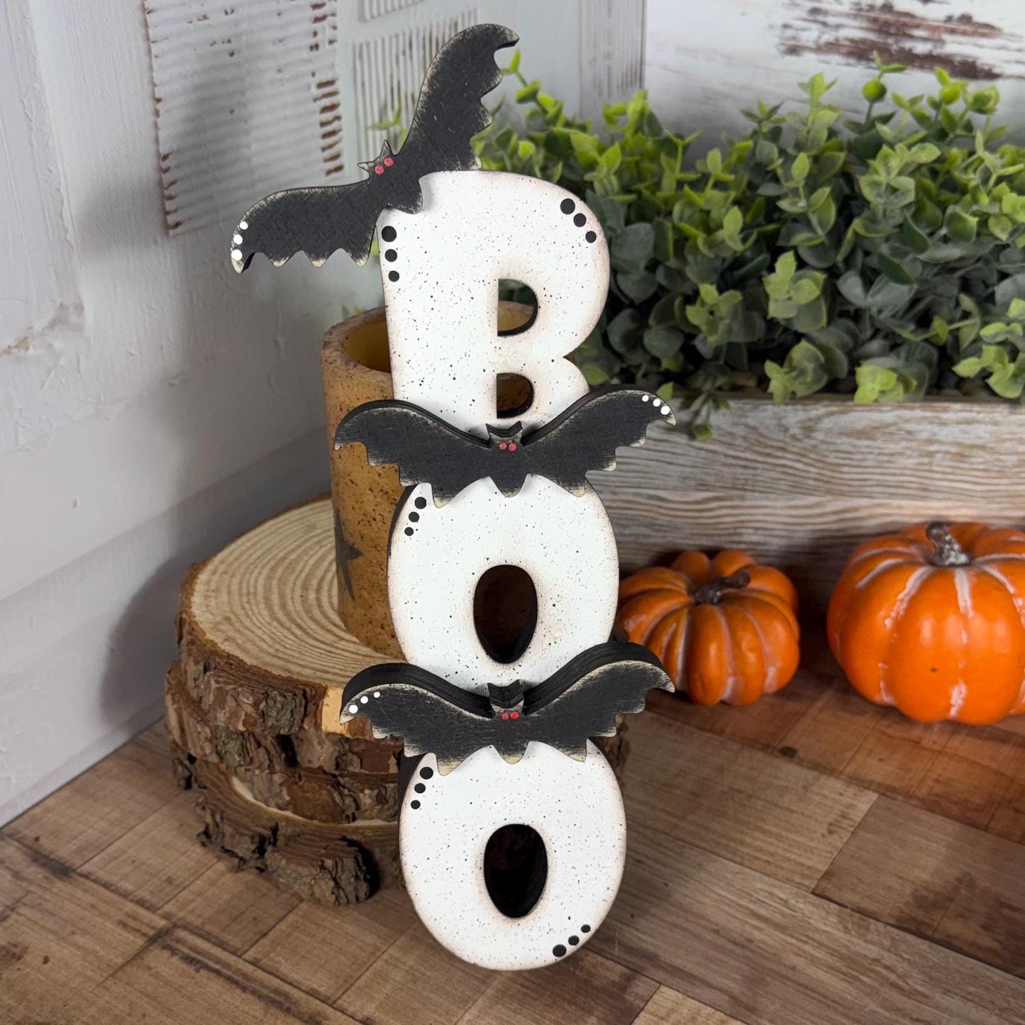 Halloween Shelf Decor Set, Wooden Ghost, Mummy, BOO Leaner & Flying Bat