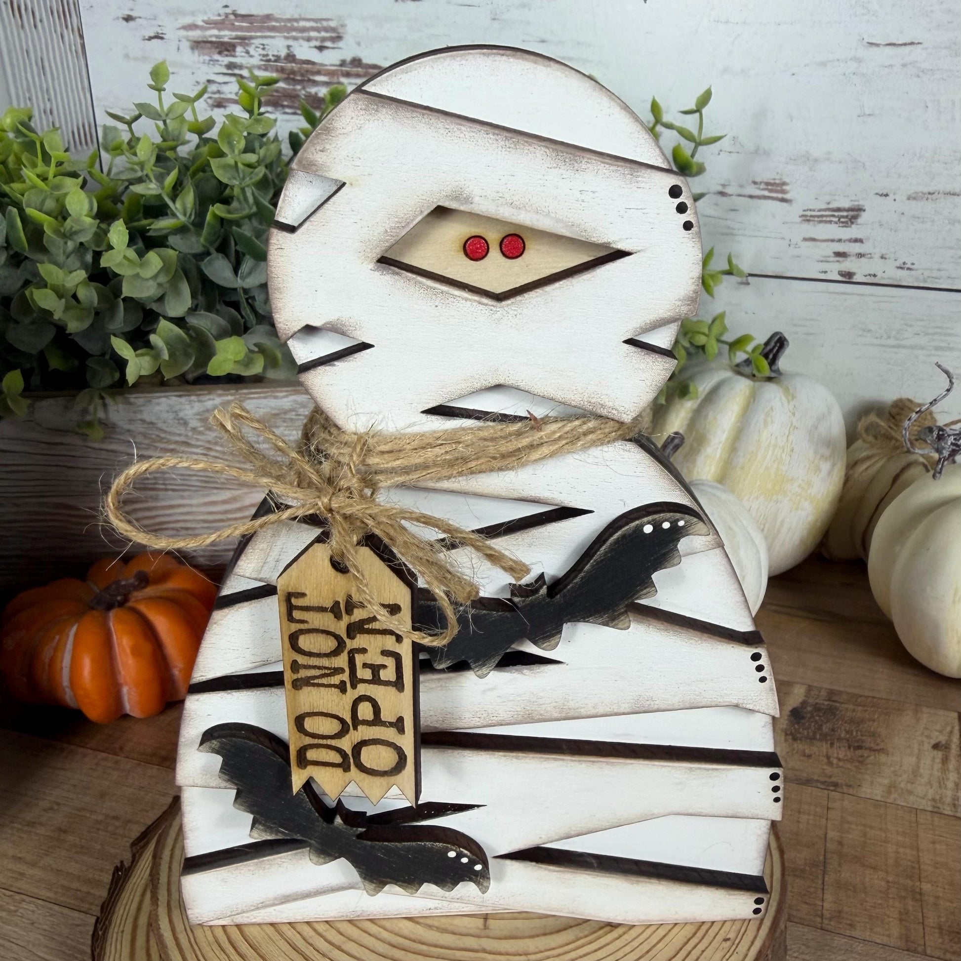 Halloween Shelf Decor Set, Wooden Ghost, Mummy, BOO Leaner & Flying Bat