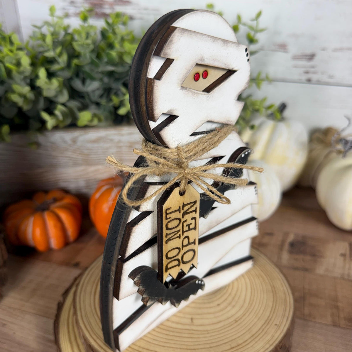 Halloween Shelf Decor Set, Wooden Ghost, Mummy, BOO Leaner & Flying Bat