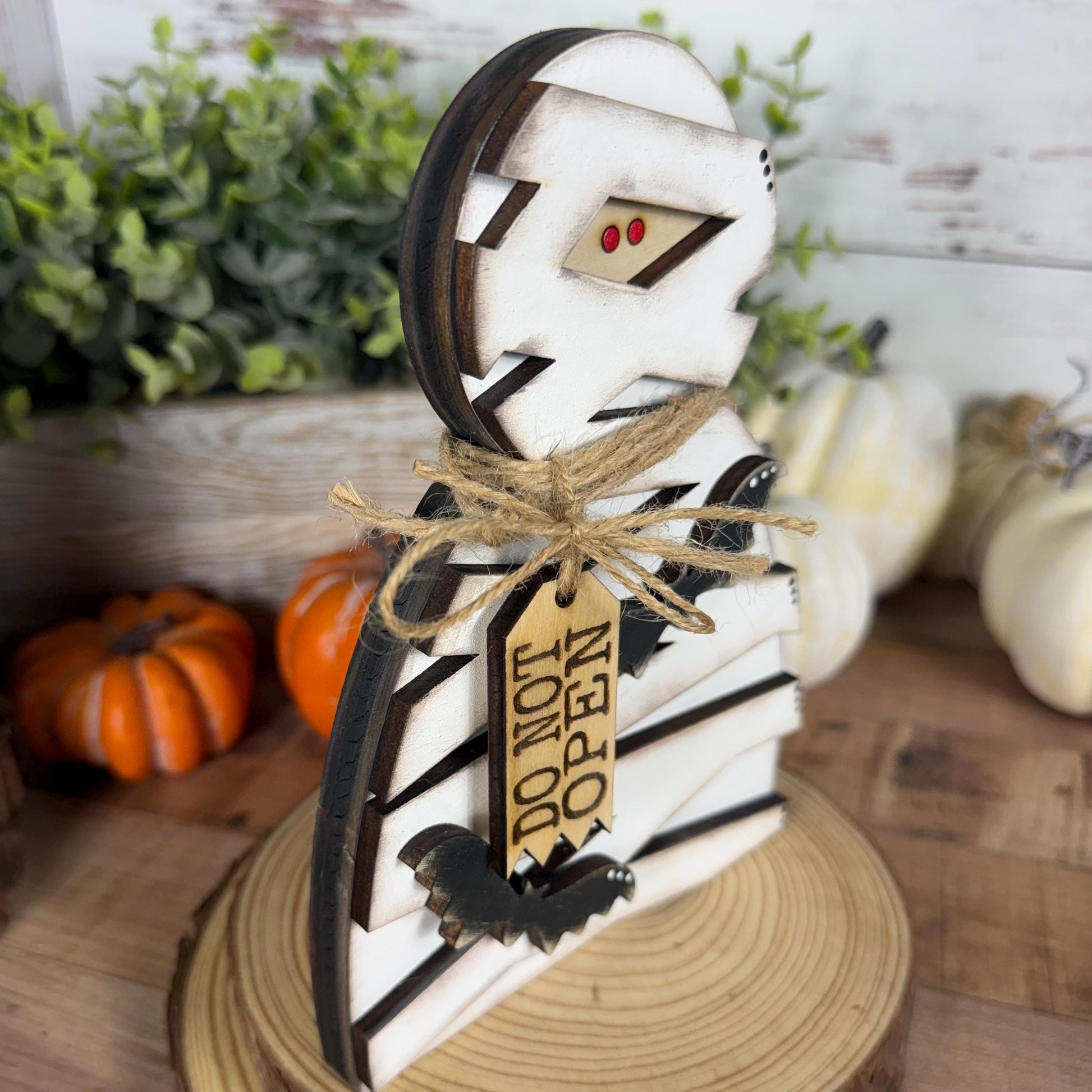 Halloween Shelf Decor Set, Wooden Ghost, Mummy, BOO Leaner & Flying Bat