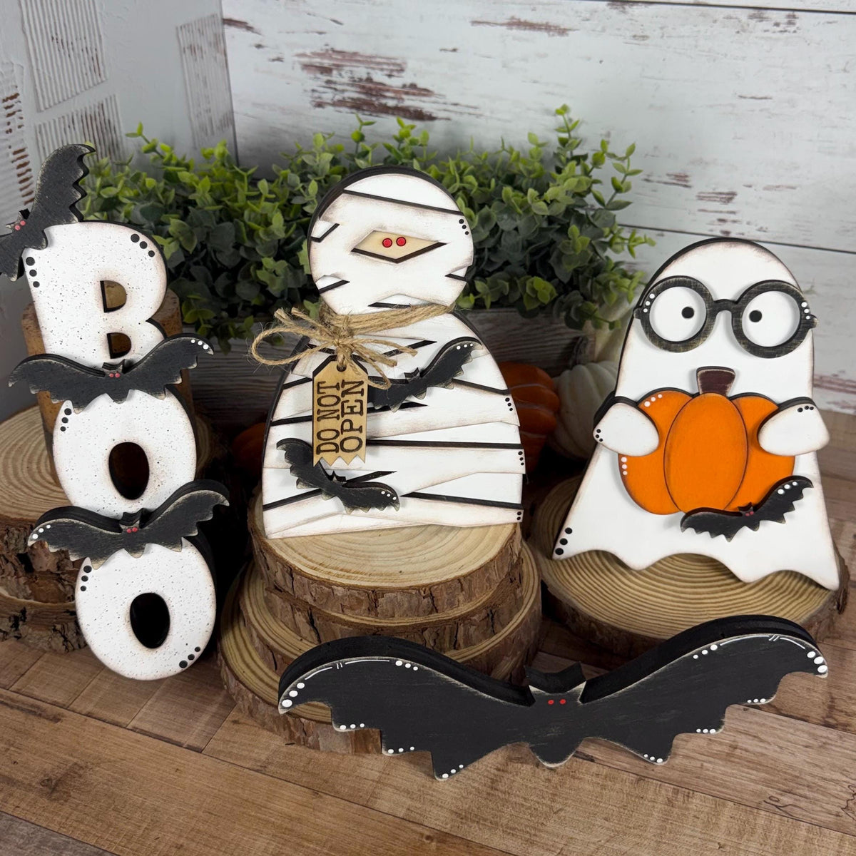 Halloween Shelf Decor Set, Wooden Ghost, Mummy, BOO Leaner & Flying Bat