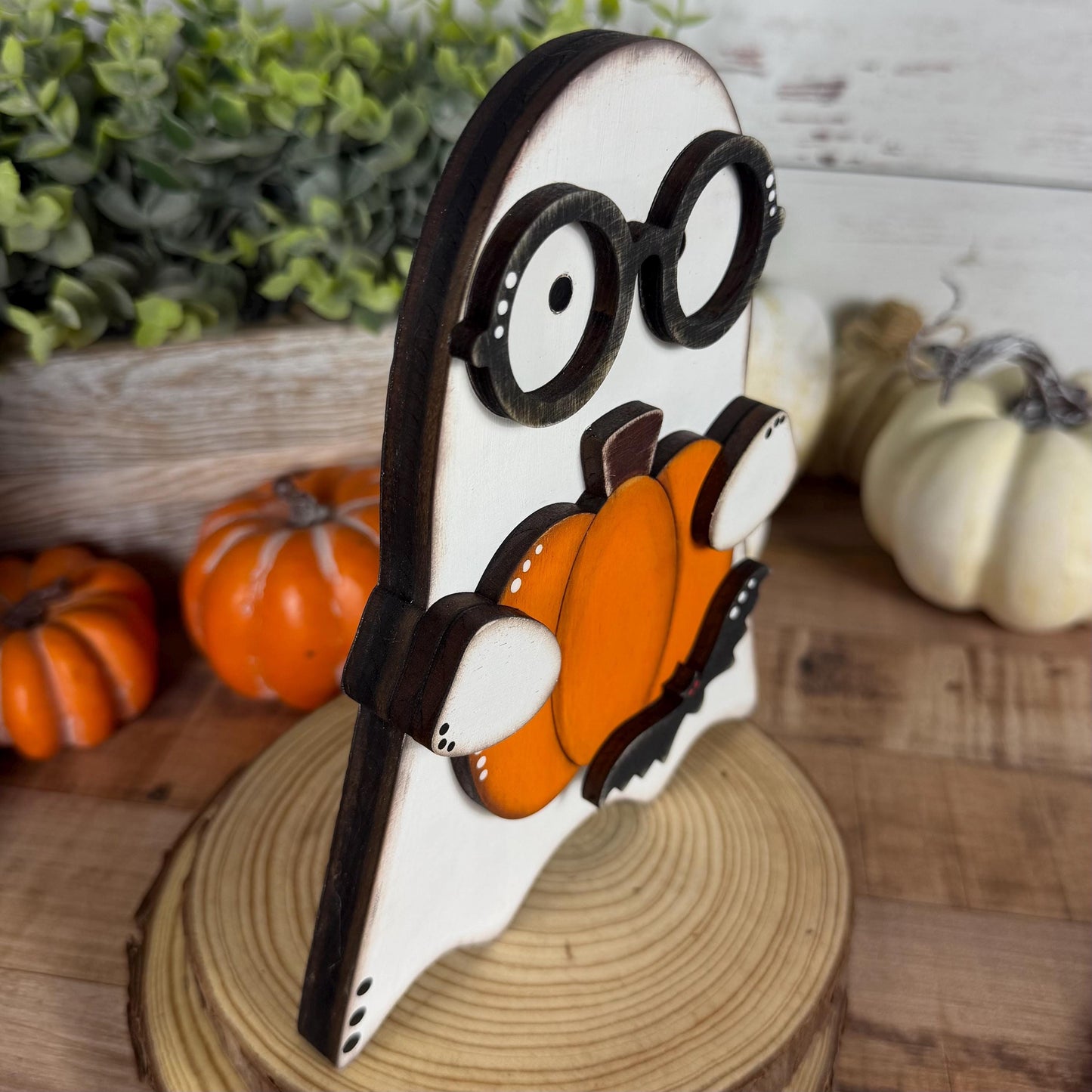 Halloween Shelf Decor Set, Wooden Ghost, Mummy, BOO Leaner & Flying Bat