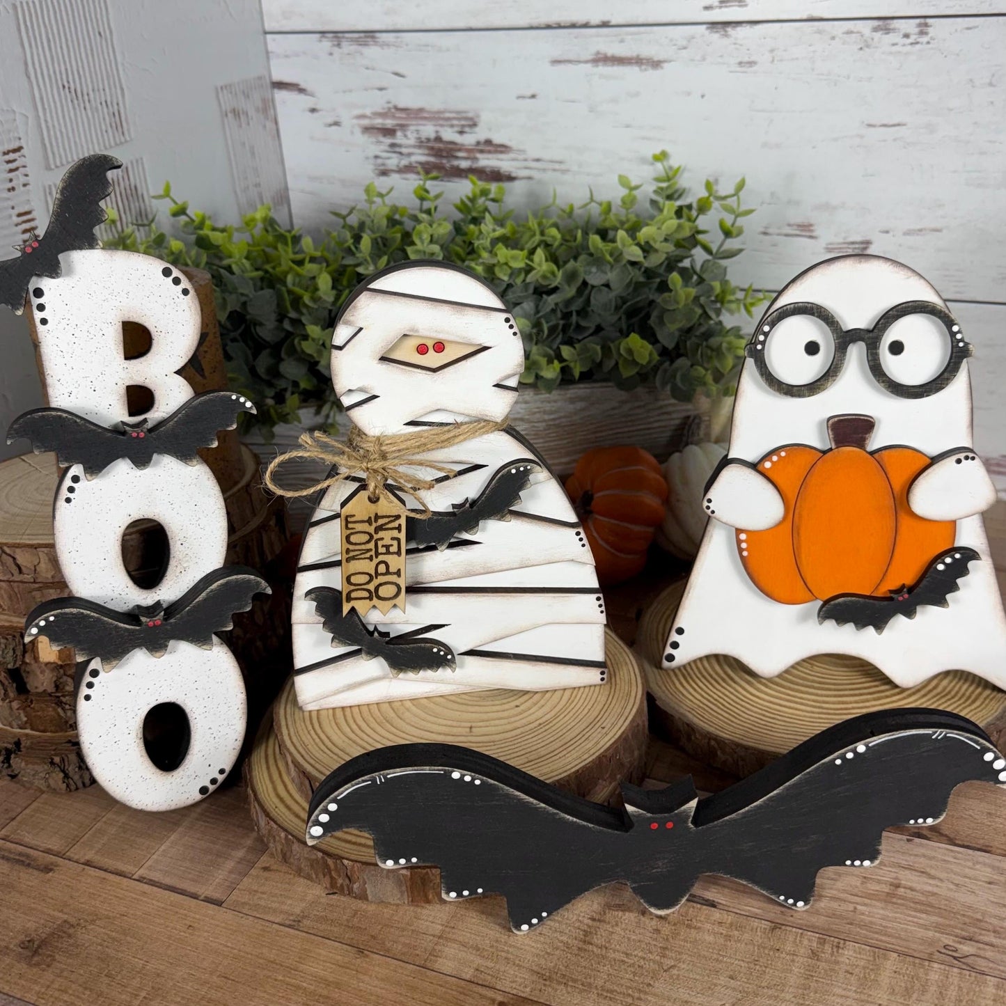 Halloween Shelf Decor Set, Wooden Ghost, Mummy, BOO Leaner & Flying Bat