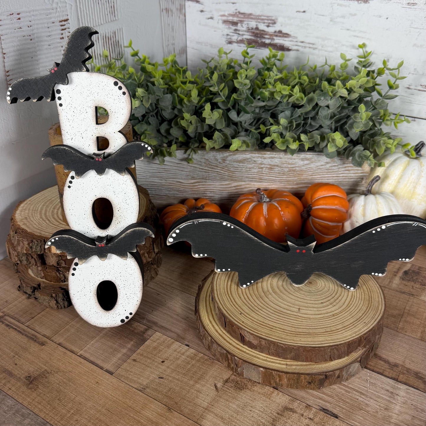 Halloween Shelf Decor Set, Wooden Ghost, Mummy, BOO Leaner & Flying Bat