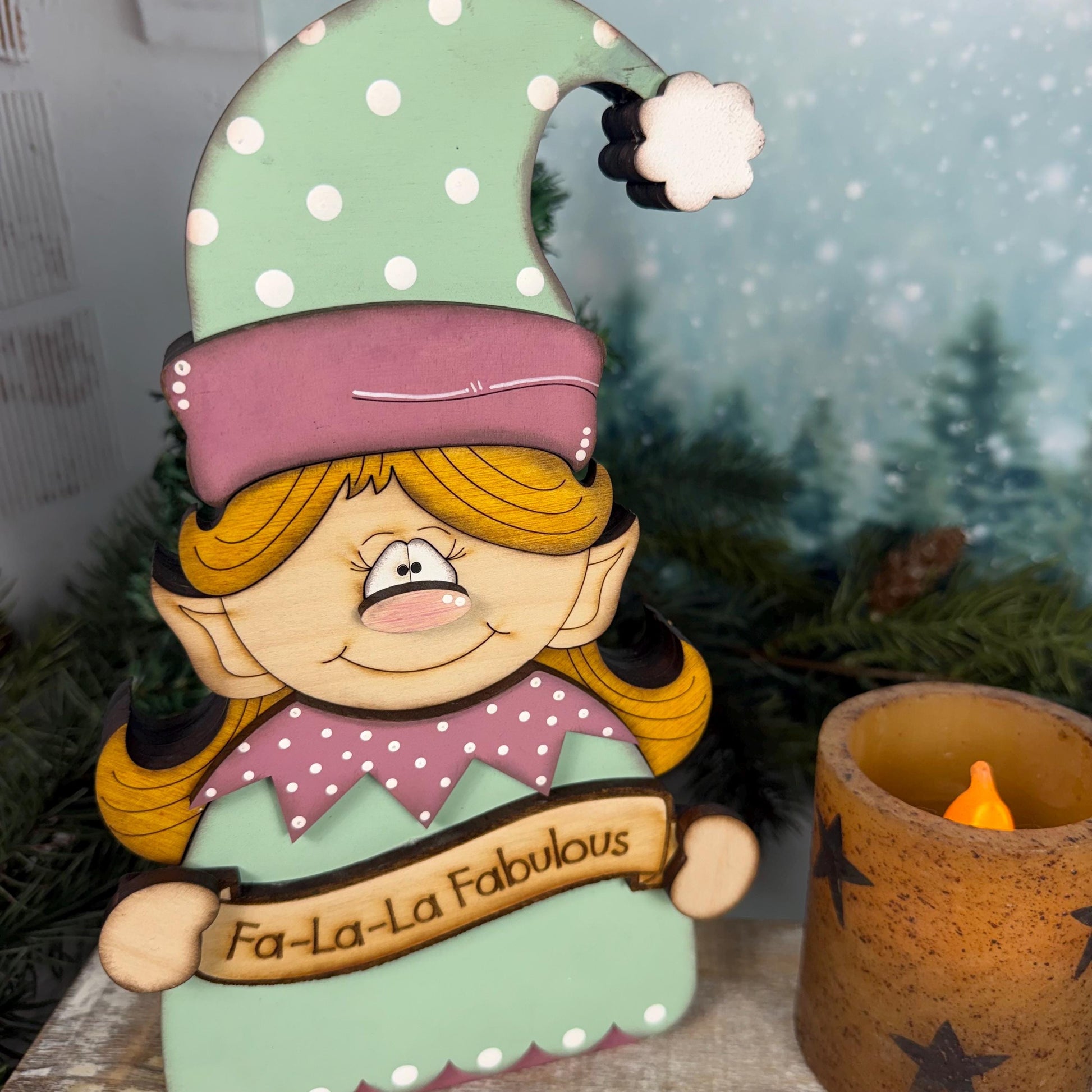 Vintage Christmas Elf Shelf Sitter, Hand Painted Wooden Holiday Decor