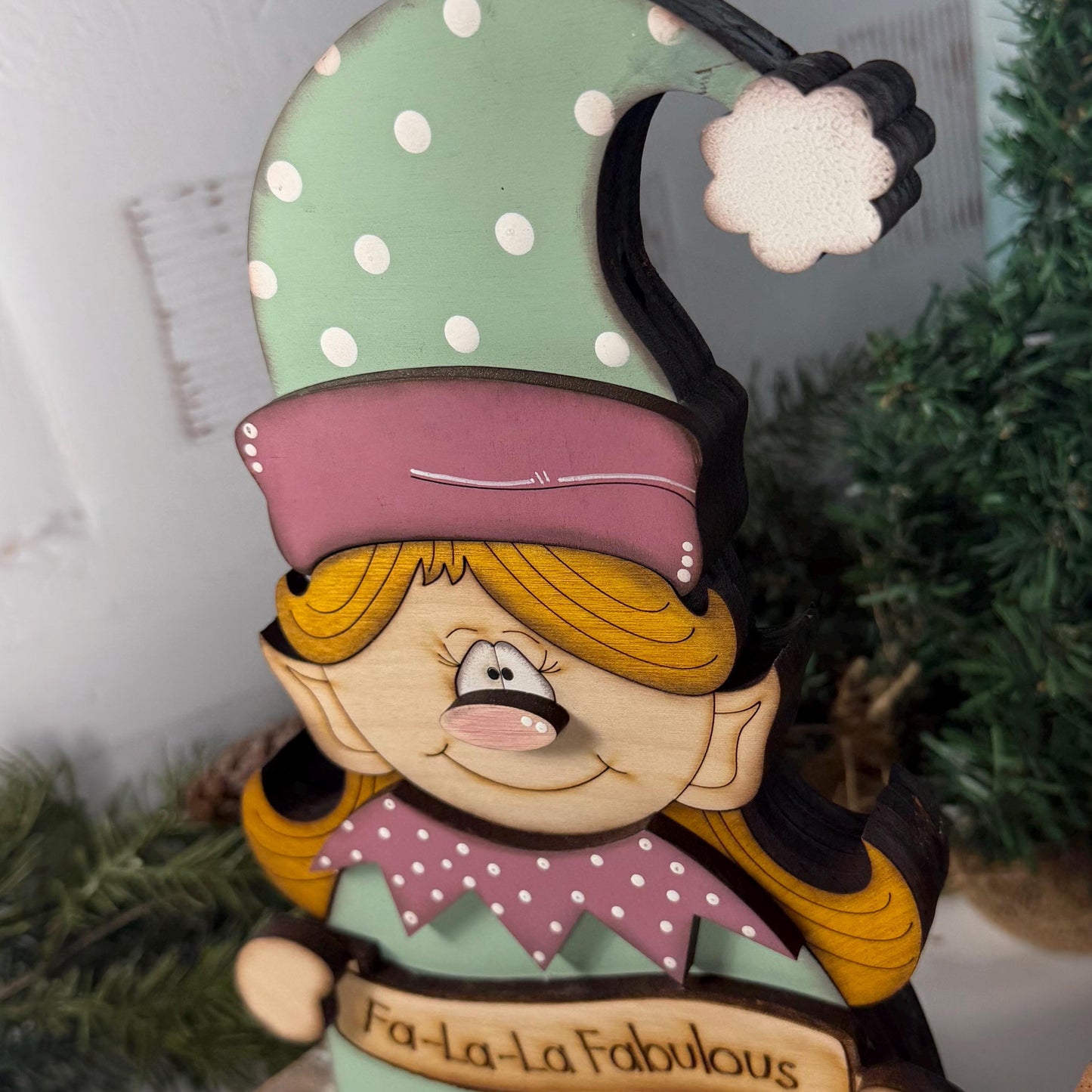 Vintage Christmas Elf Shelf Sitter, Hand Painted Wooden Holiday Decor