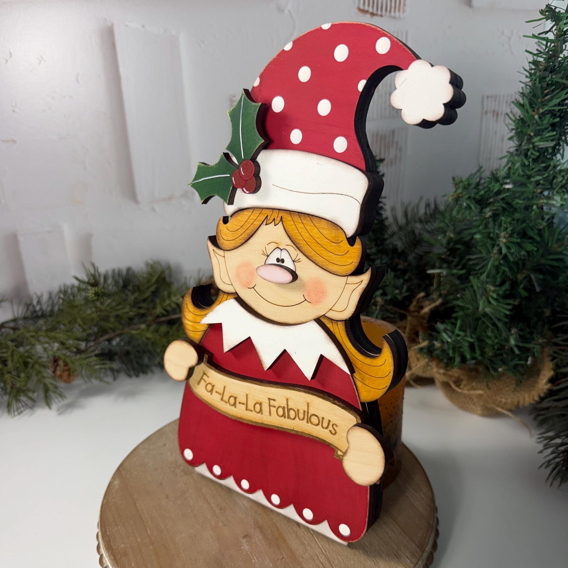 Wooden Christmas Elf Shelf Sitter, Hand Painted Holiday Decor