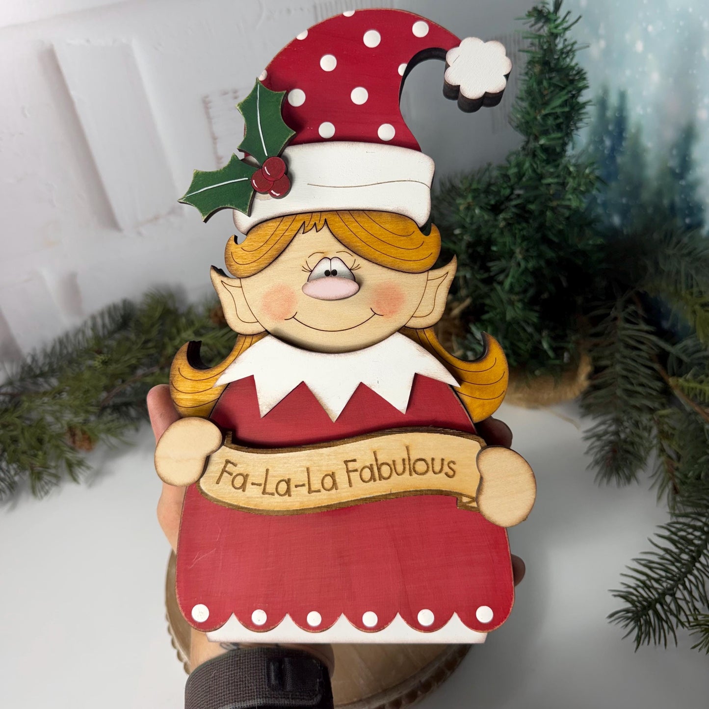 Wooden Christmas Elf Shelf Sitter, Hand Painted Holiday Decor