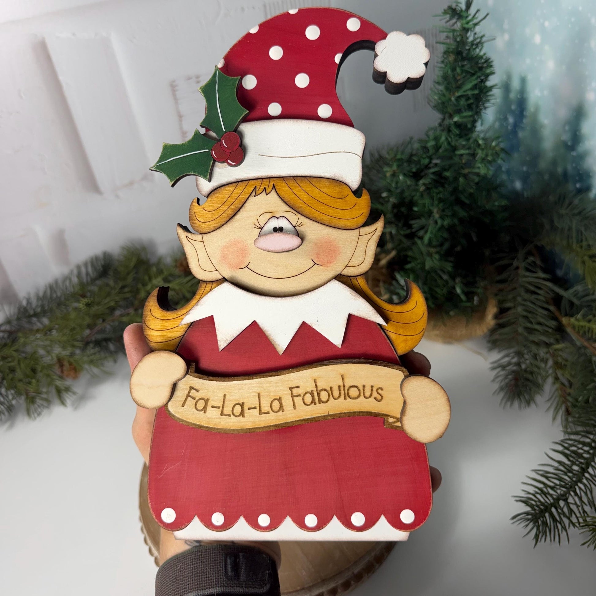 Wooden Christmas Elf Shelf Sitter, Hand Painted Holiday Decor