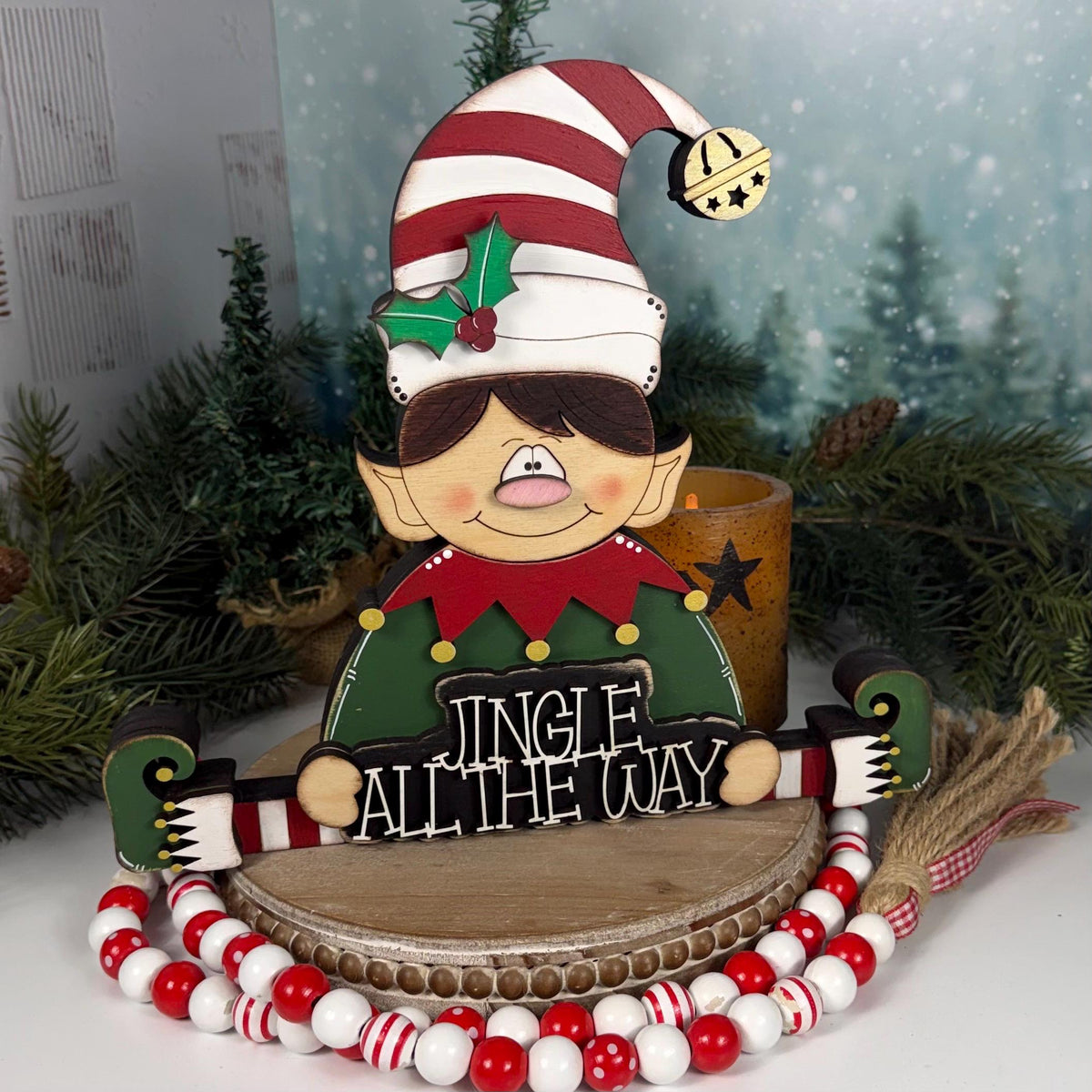 Hand Painted Wooden Elf Shelf Sitter for Christmas with Jingle All the Way Sign