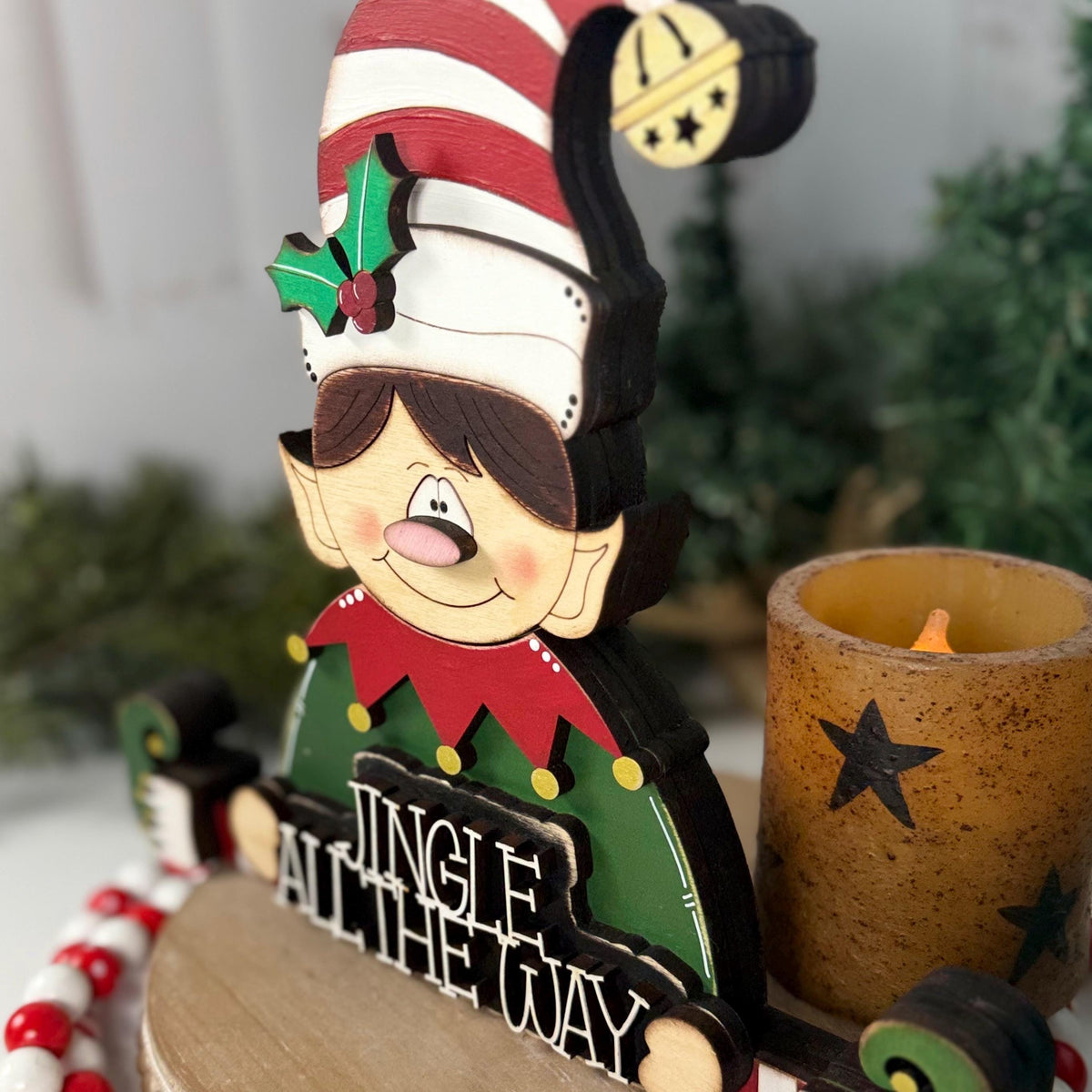 Hand Painted Wooden Elf Shelf Sitter for Christmas with Jingle All the Way Sign