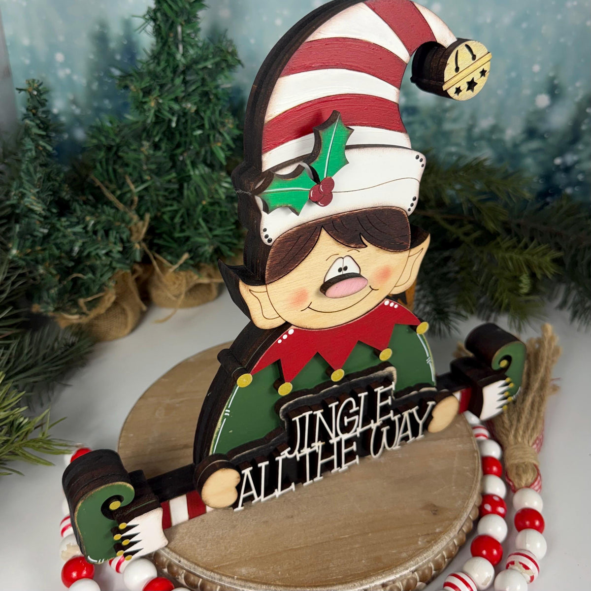 Hand Painted Wooden Elf Shelf Sitter for Christmas with Jingle All the Way Sign