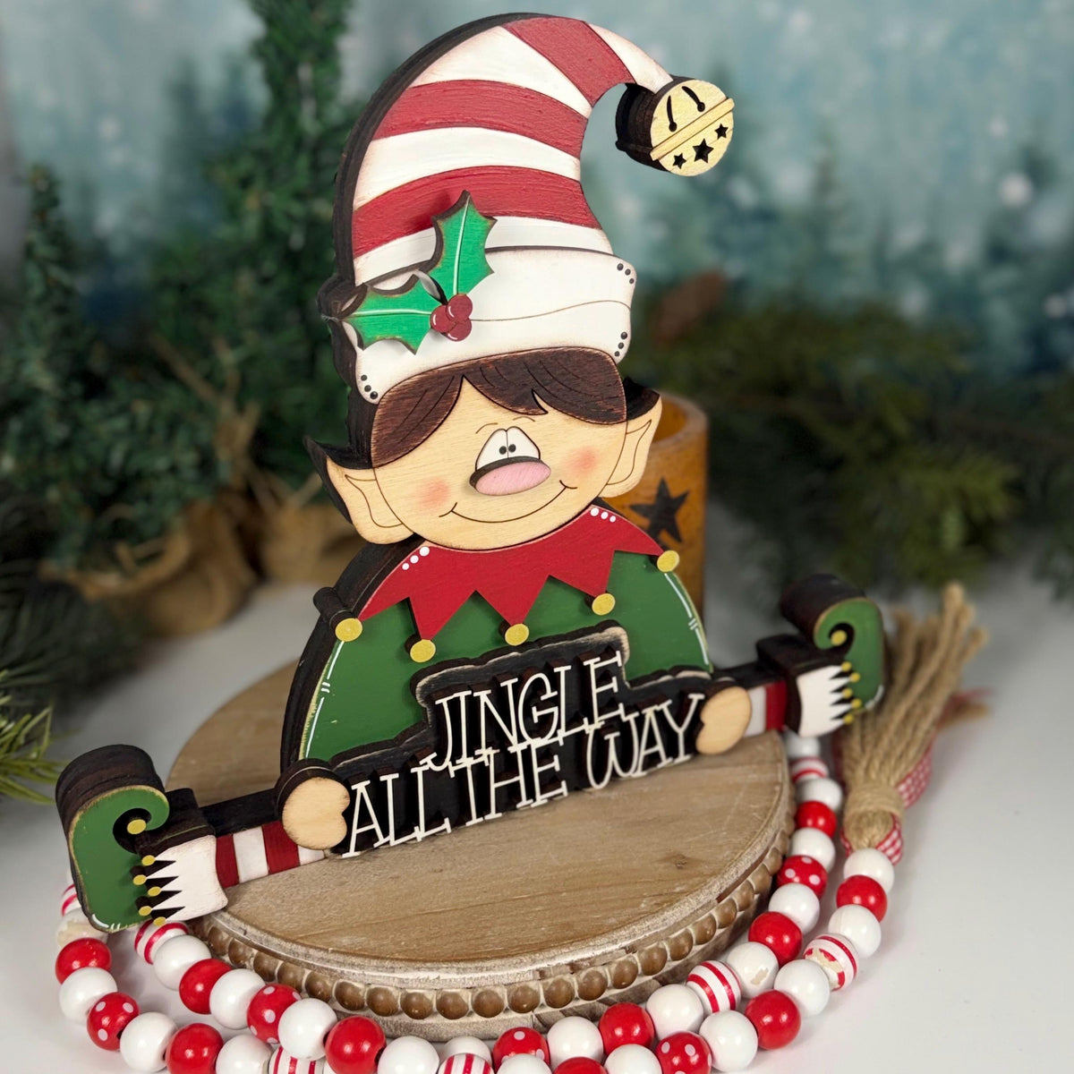 Hand Painted Wooden Elf Shelf Sitter for Christmas with Jingle All the Way Sign