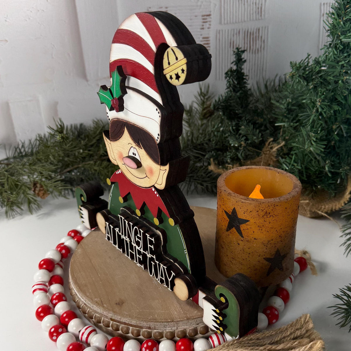 Hand Painted Wooden Elf Shelf Sitter for Christmas with Jingle All the Way Sign
