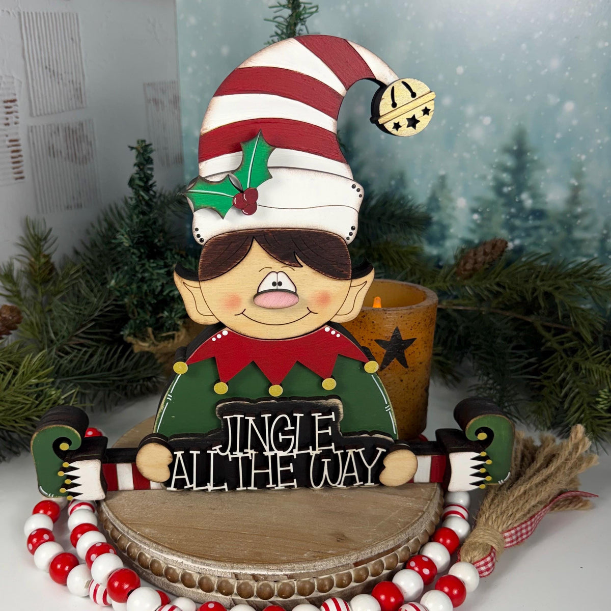 Hand Painted Wooden Elf Shelf Sitter for Christmas with Jingle All the Way Sign