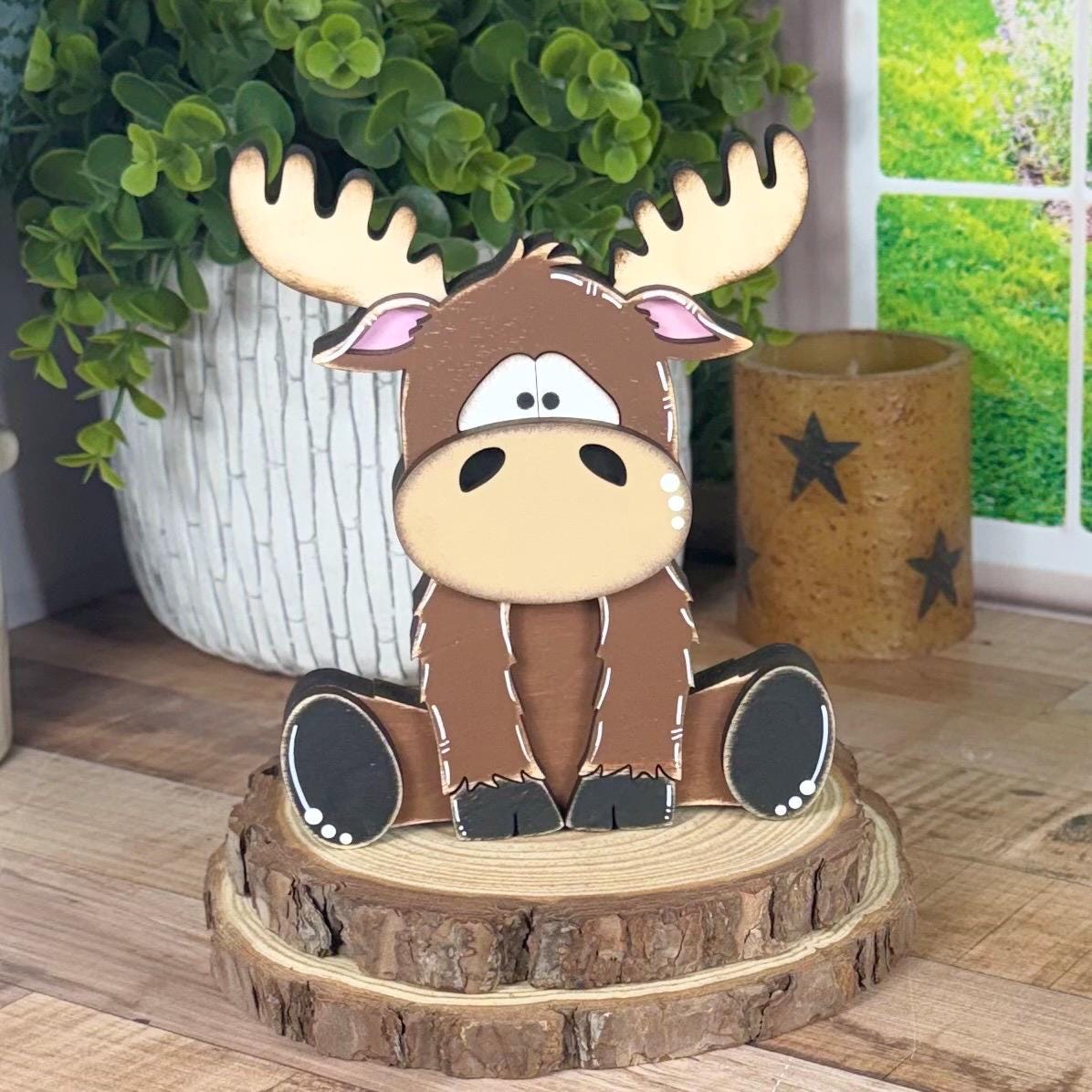 Chunky Wooden Moose Shelf Sitter | Hand Painted Rustic Farmhouse Woodland Decor