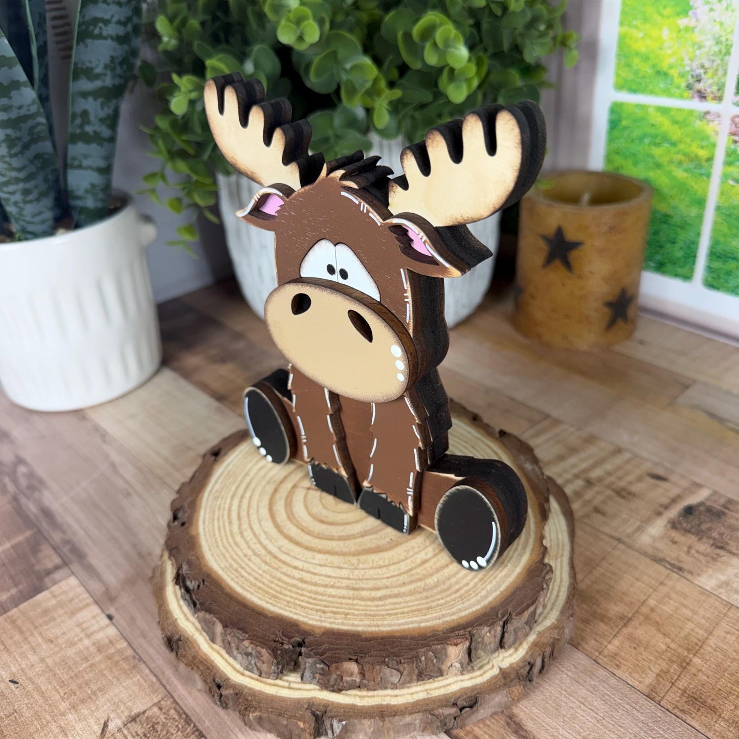 Chunky Wooden Moose Shelf Sitter | Hand Painted Rustic Farmhouse Woodland Decor