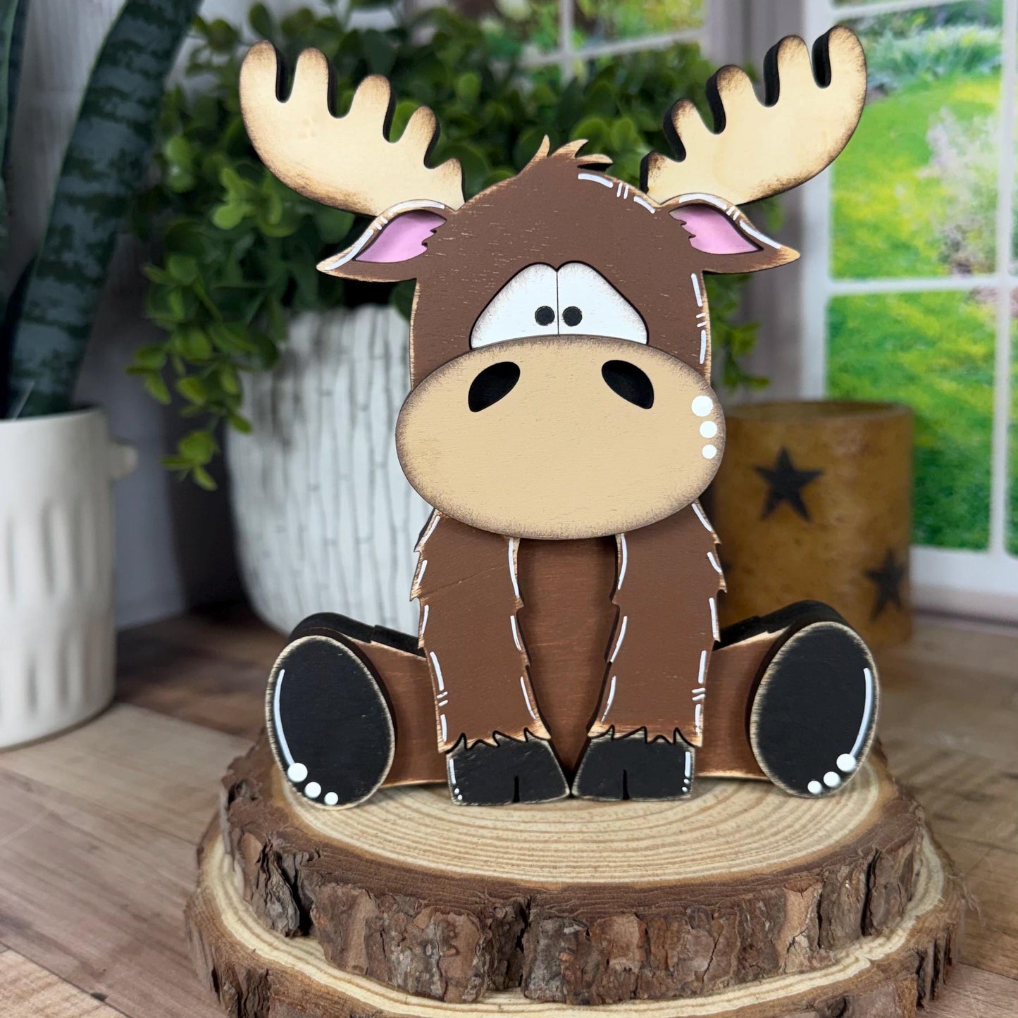 Chunky Wooden Moose Shelf Sitter | Hand Painted Rustic Farmhouse Woodland Decor