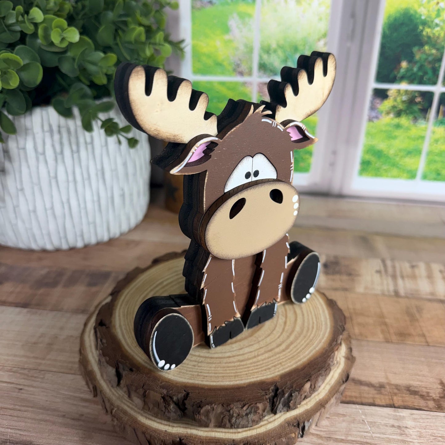 Chunky Wooden Moose Shelf Sitter | Hand Painted Rustic Farmhouse Woodland Decor