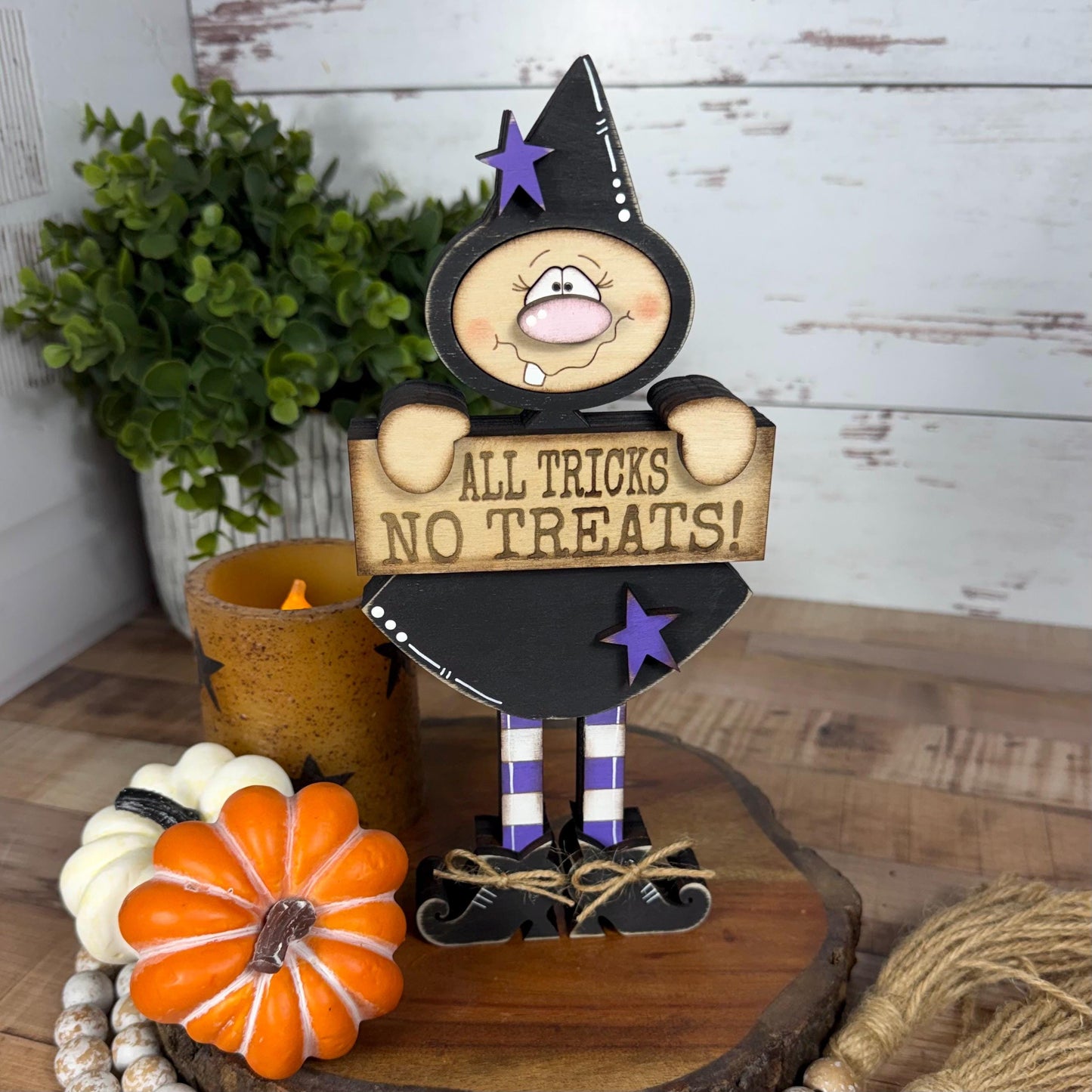 Hand-Painted Wooden Witch Shelf Sitter for Rustic Halloween Decor