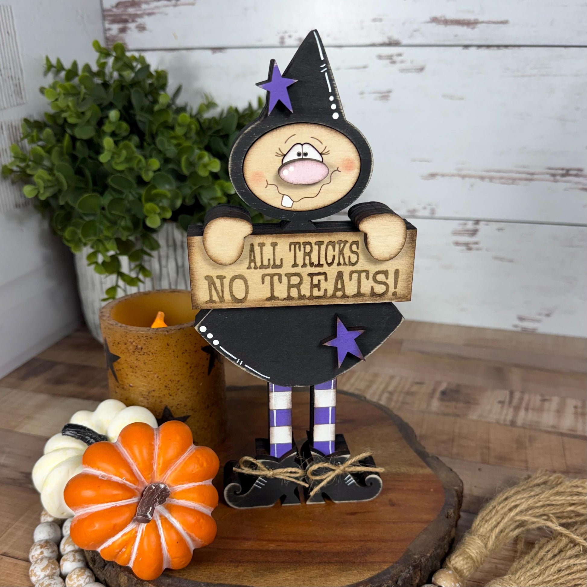 Hand-Painted Wooden Witch Shelf Sitter for Rustic Halloween Decor