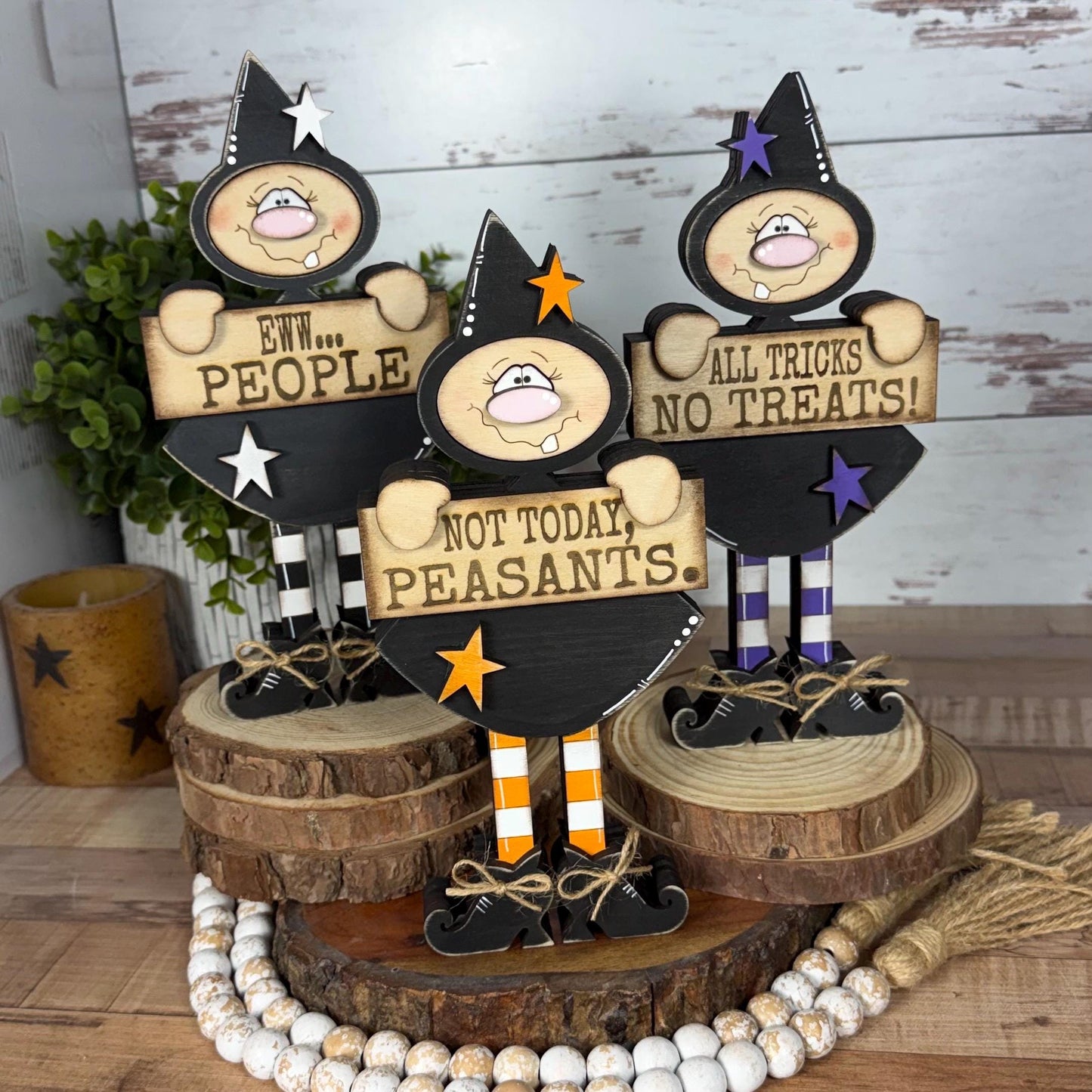 Hand-Painted Wooden Witch Shelf Sitter for Rustic Halloween Decor