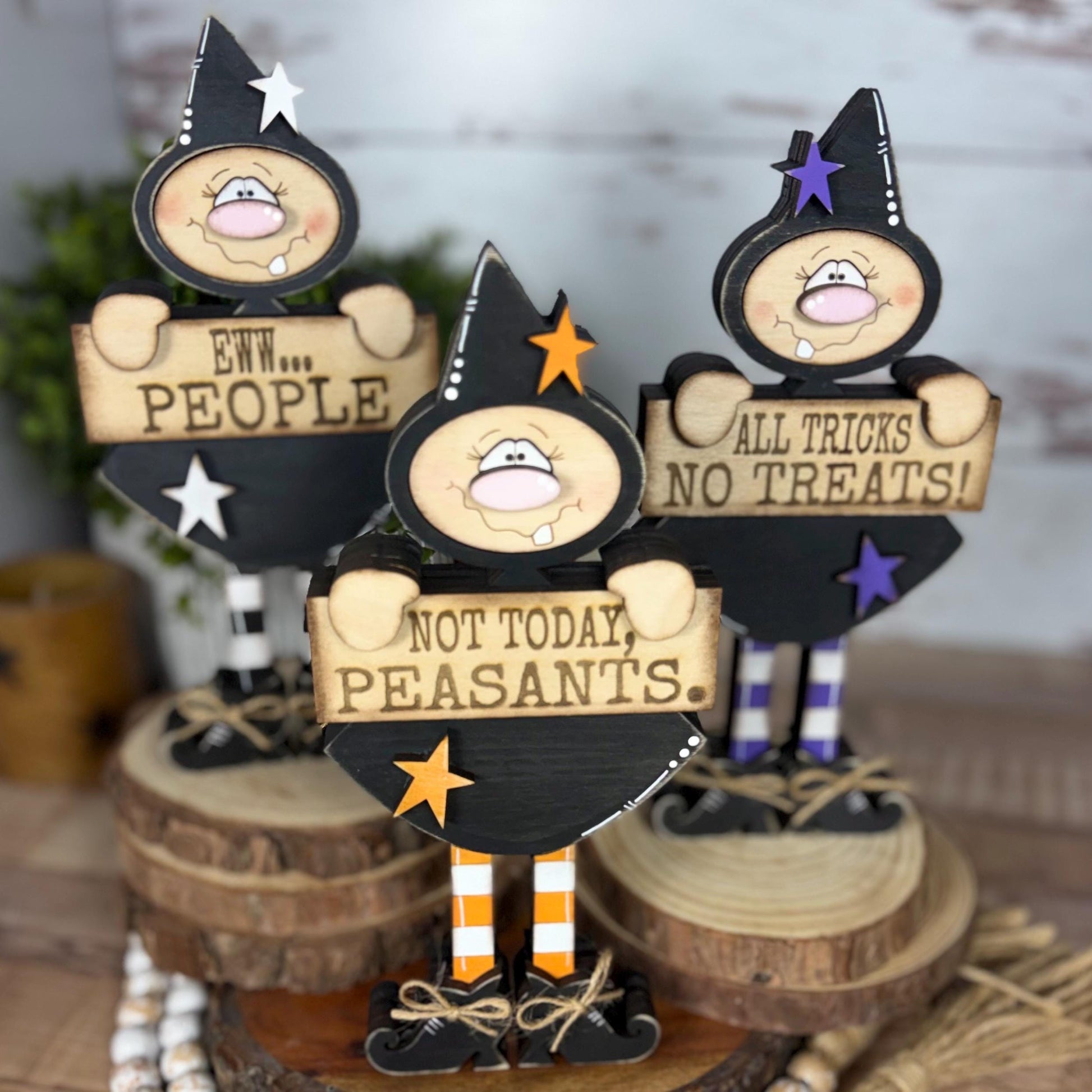 Hand-Painted Wooden Witch Shelf Sitter for Rustic Halloween Decor